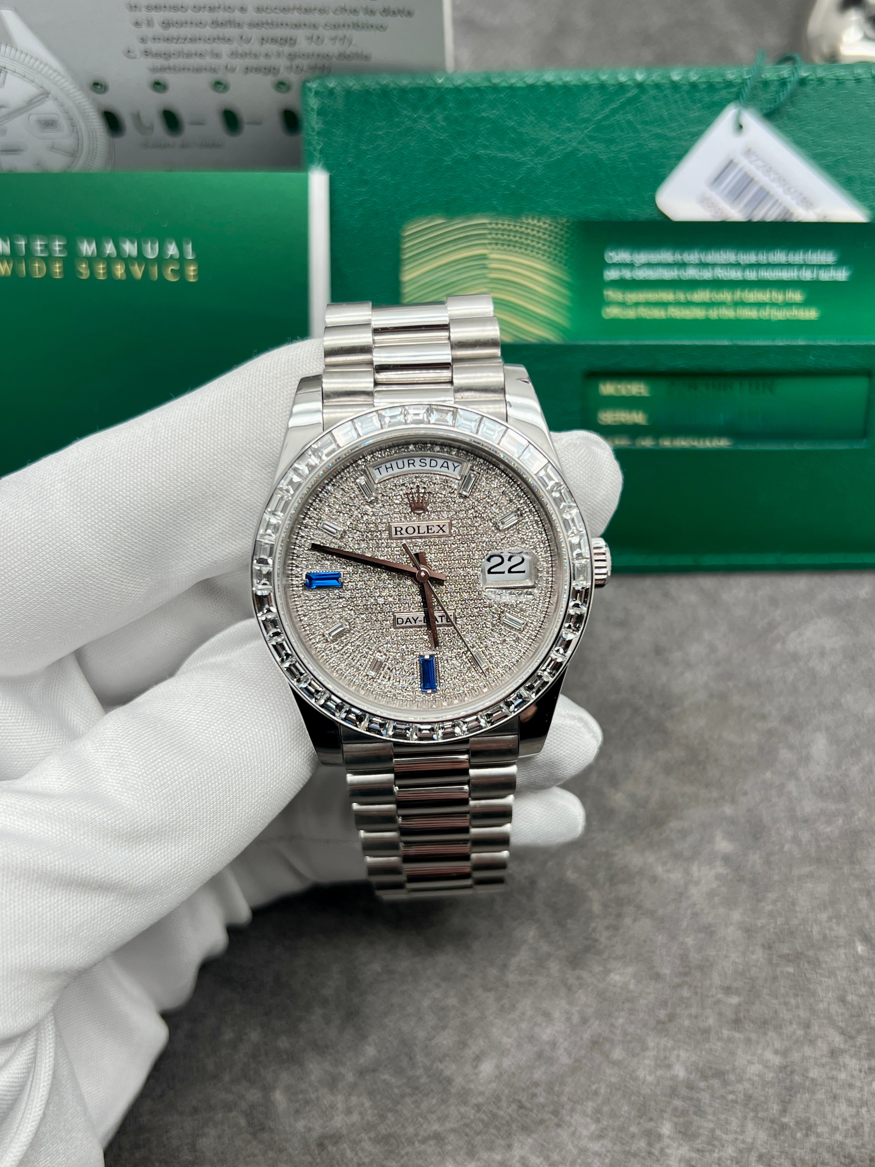 Rolex Day-Date 40, President Bracelet, Platinum, Diamond-Paved Sapphire Dial