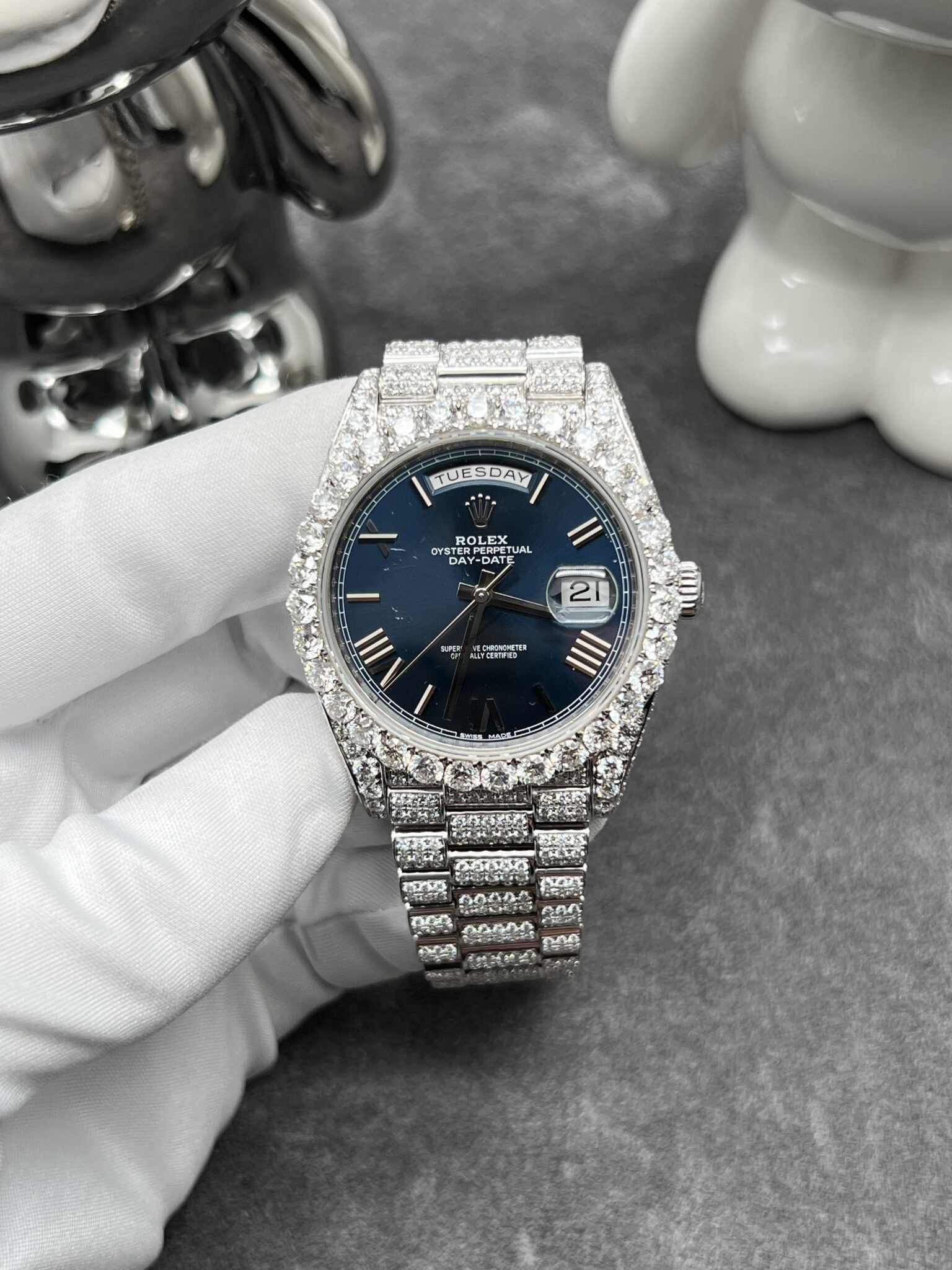 ROLEX DAY DATE II WATCH 41MM WHITE GOLD PRESIDENT ALL ICED OUT Navy DIAL