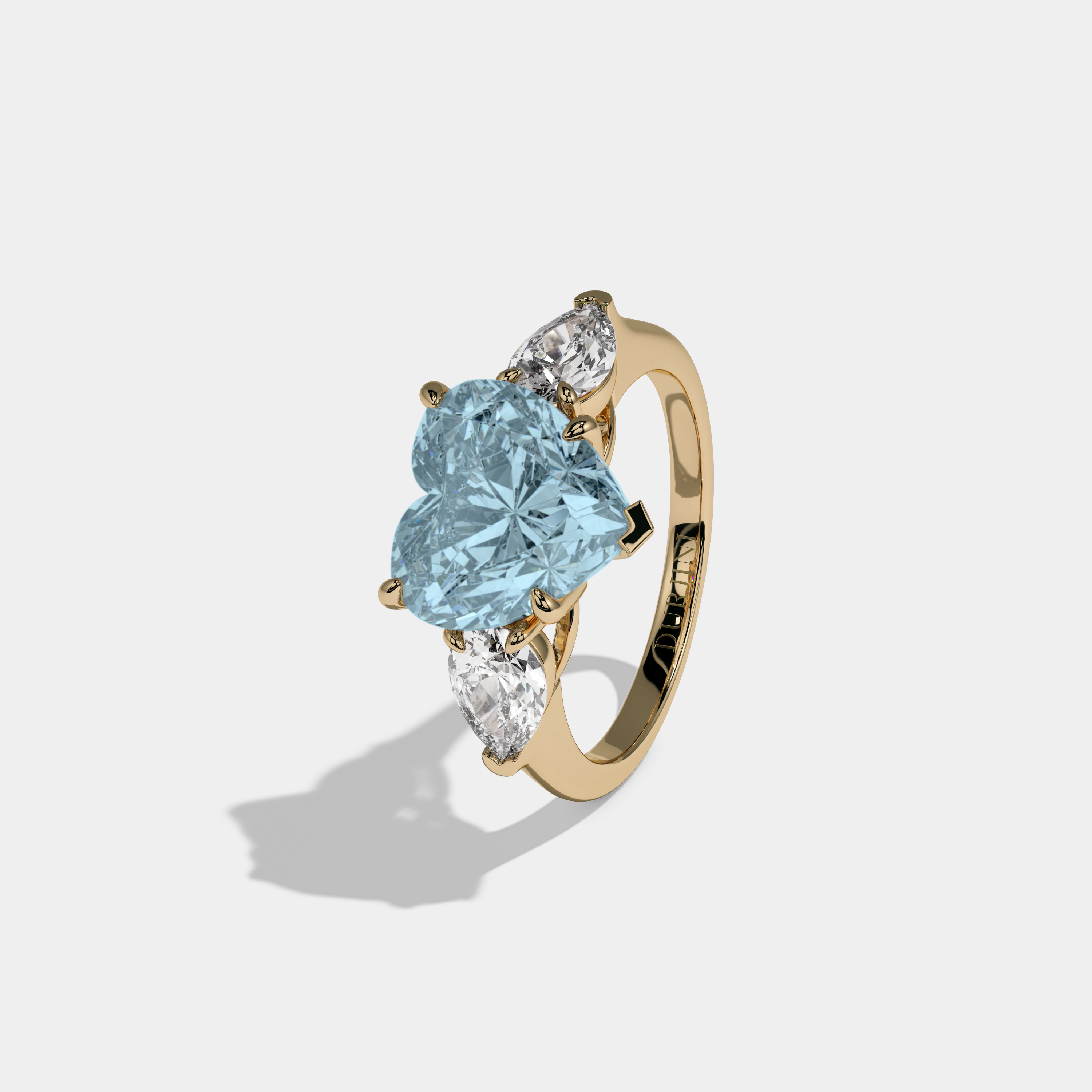 Caroline Fancy Light Blue Heart Cut Diamond Plain Band With Pear Cut Sides Engagement Ring 8ct 18K Yellow Gold