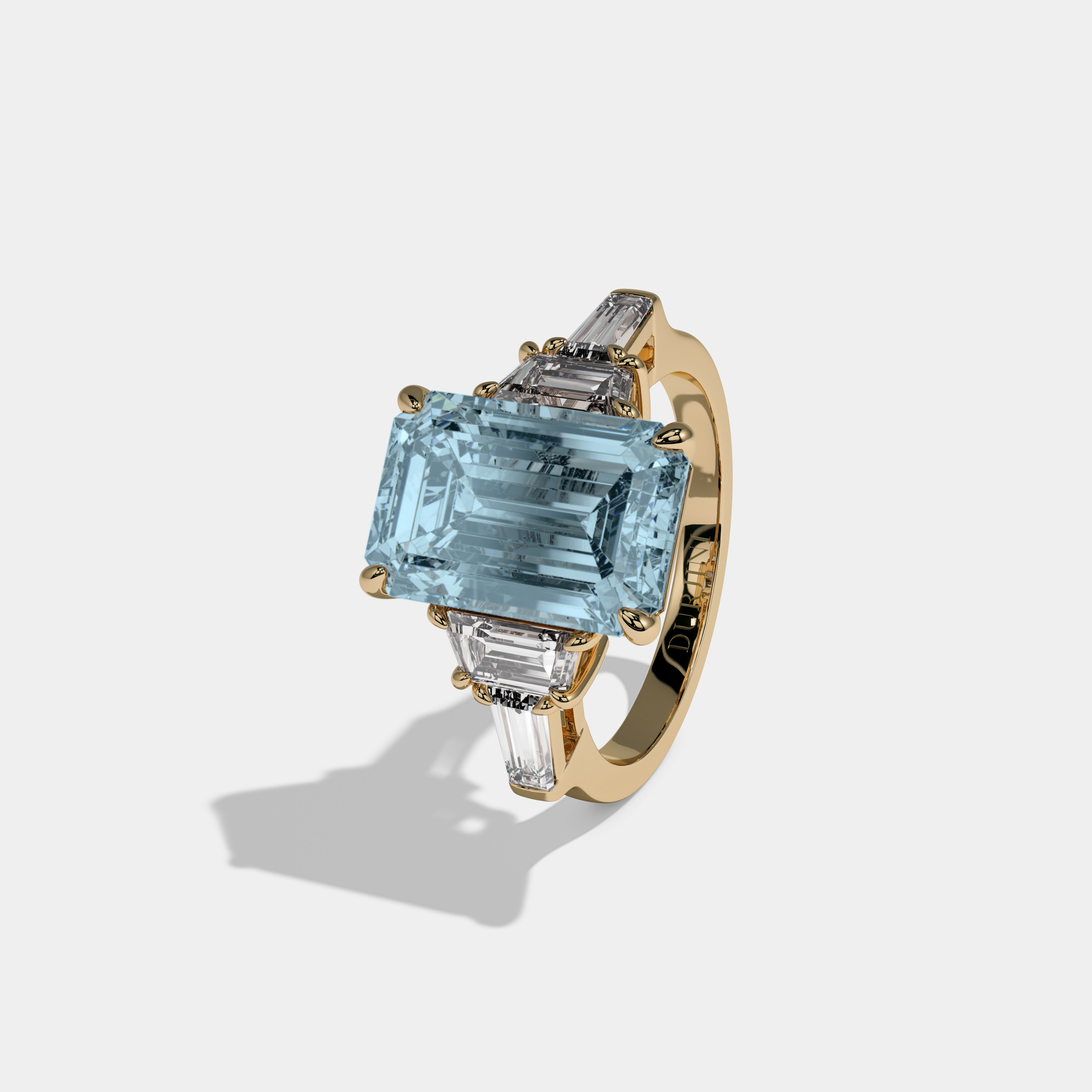 Caroline Fancy Light Blue Emerald Cut Diamond Plain Band With Step Cut Sides Engagement Ring 8ct 18K Yellow Gold