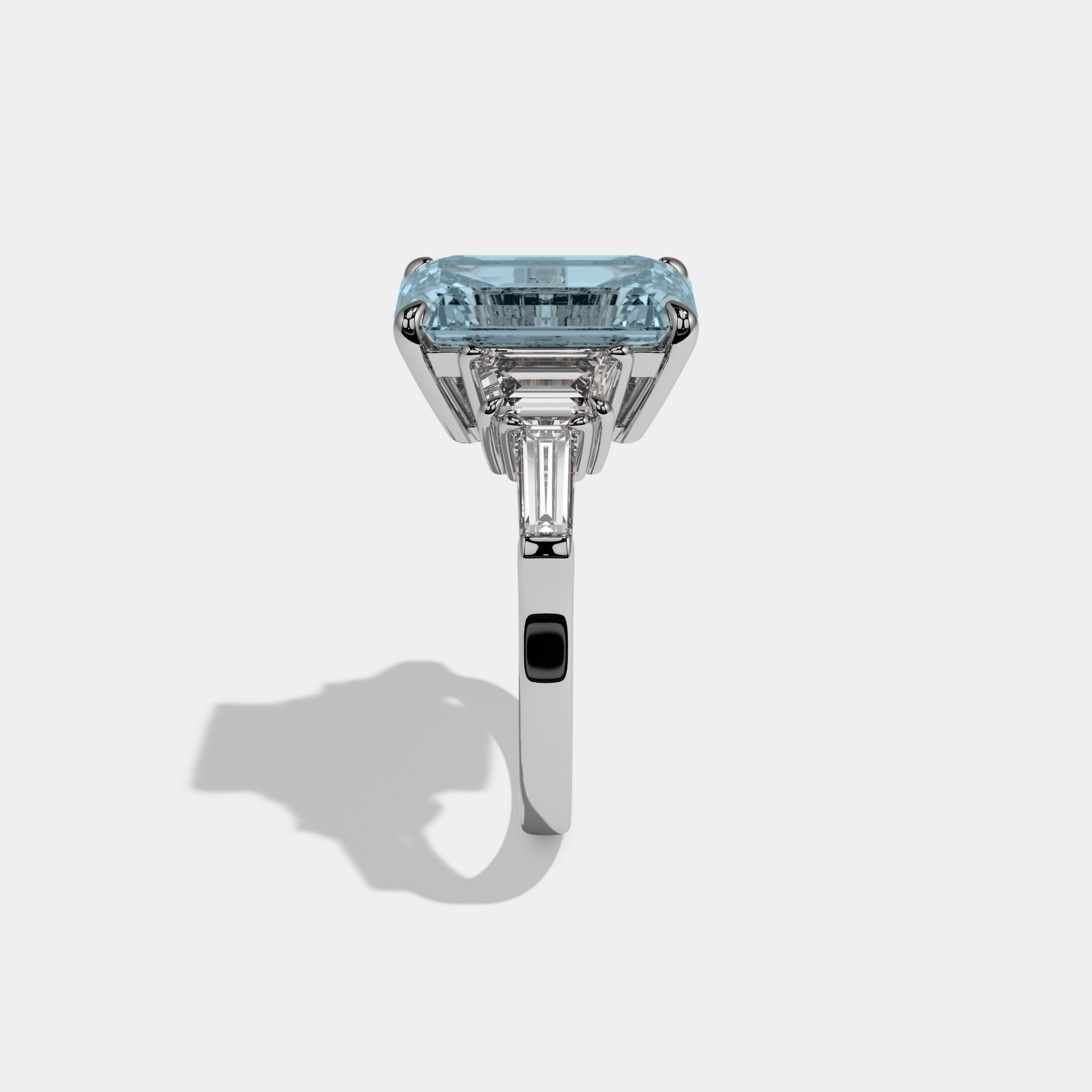 Margaret Fancy Light Blue Emerald Cut Diamond Plain Band With Step Cut Sides Engagement Ring 8ct 18K White Gold