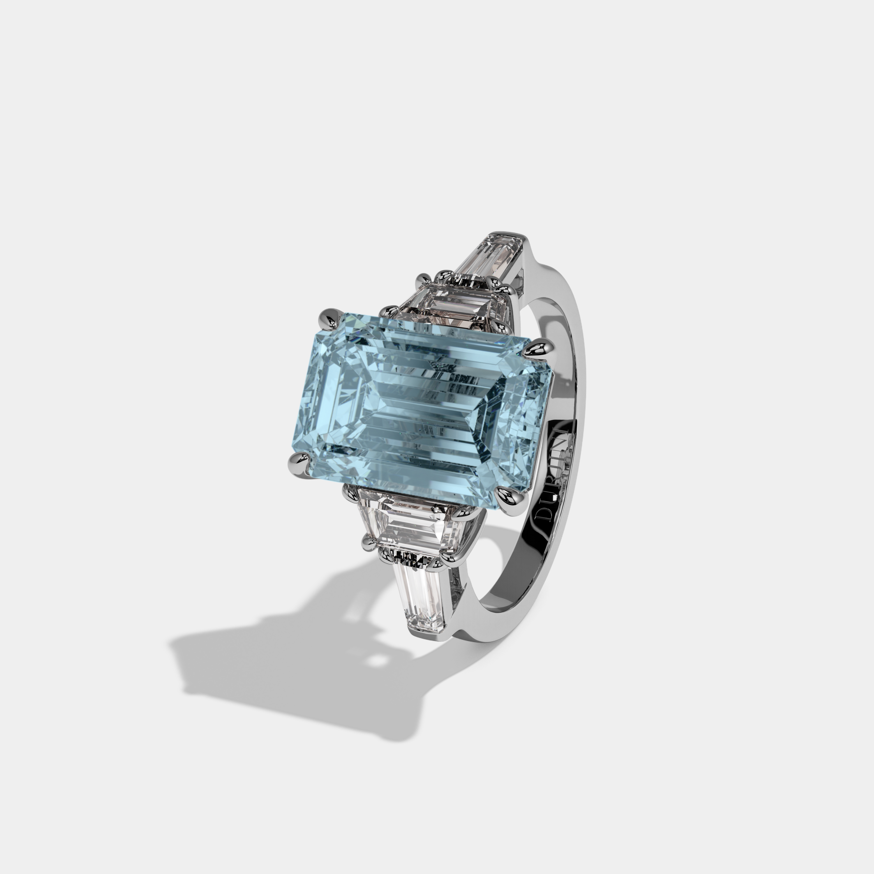 Margaret Fancy Light Blue Emerald Cut Diamond Plain Band With Step Cut Sides Engagement Ring 8ct 18K White Gold