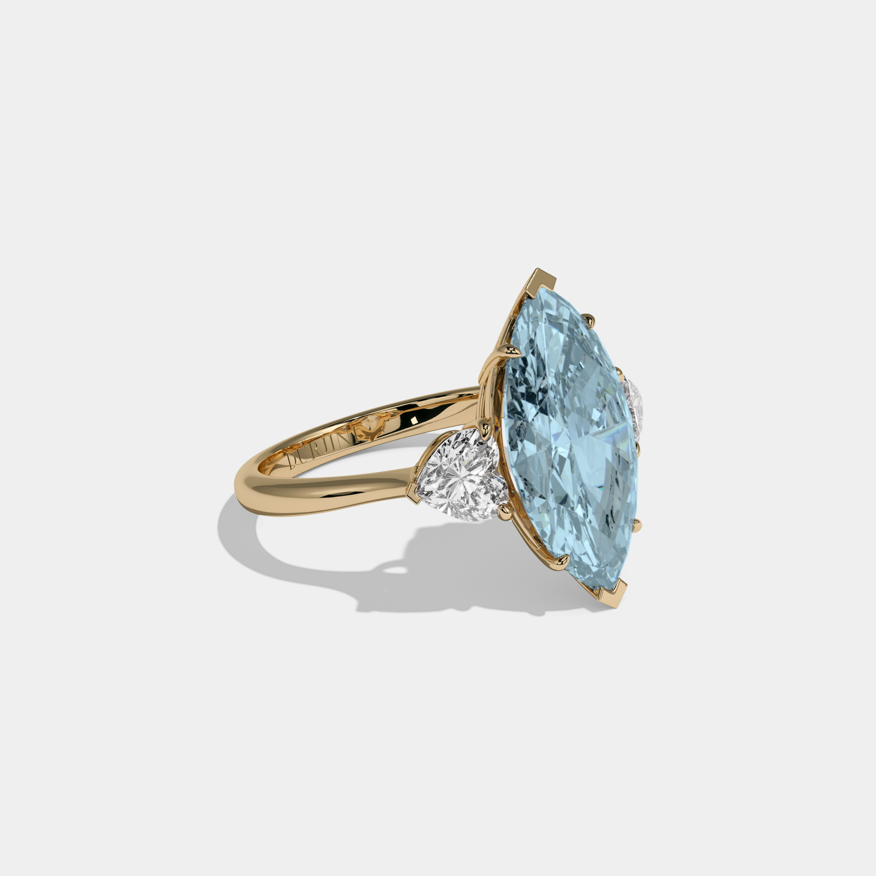 Caroline Fancy Light Blue Marquise Cut Diamond Plain Band With Heart Cut Sides Engagement Ring 8ct 18K Yellow Gold