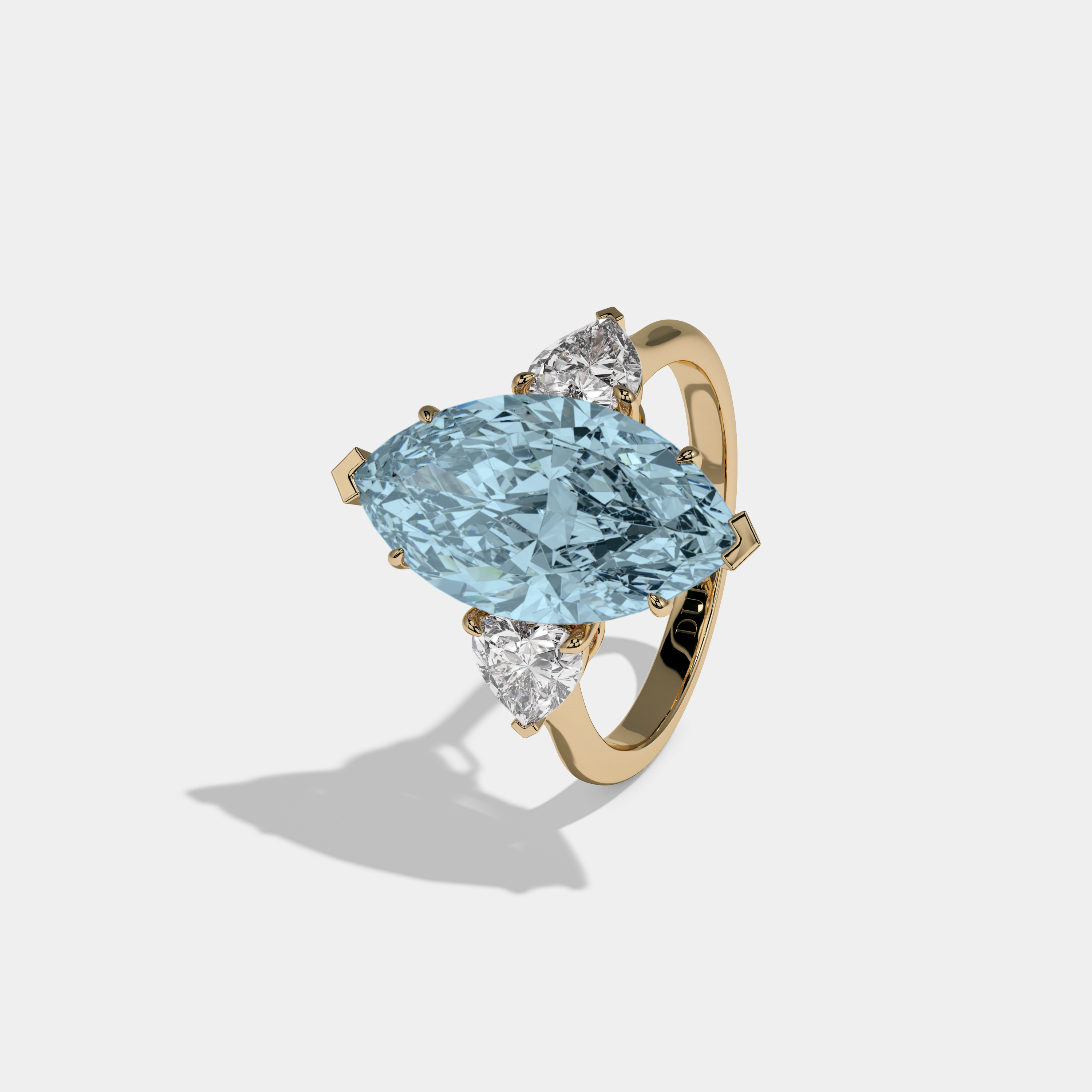 Caroline Fancy Light Blue Marquise Cut Diamond Plain Band With Heart Cut Sides Engagement Ring 8ct 18K Yellow Gold