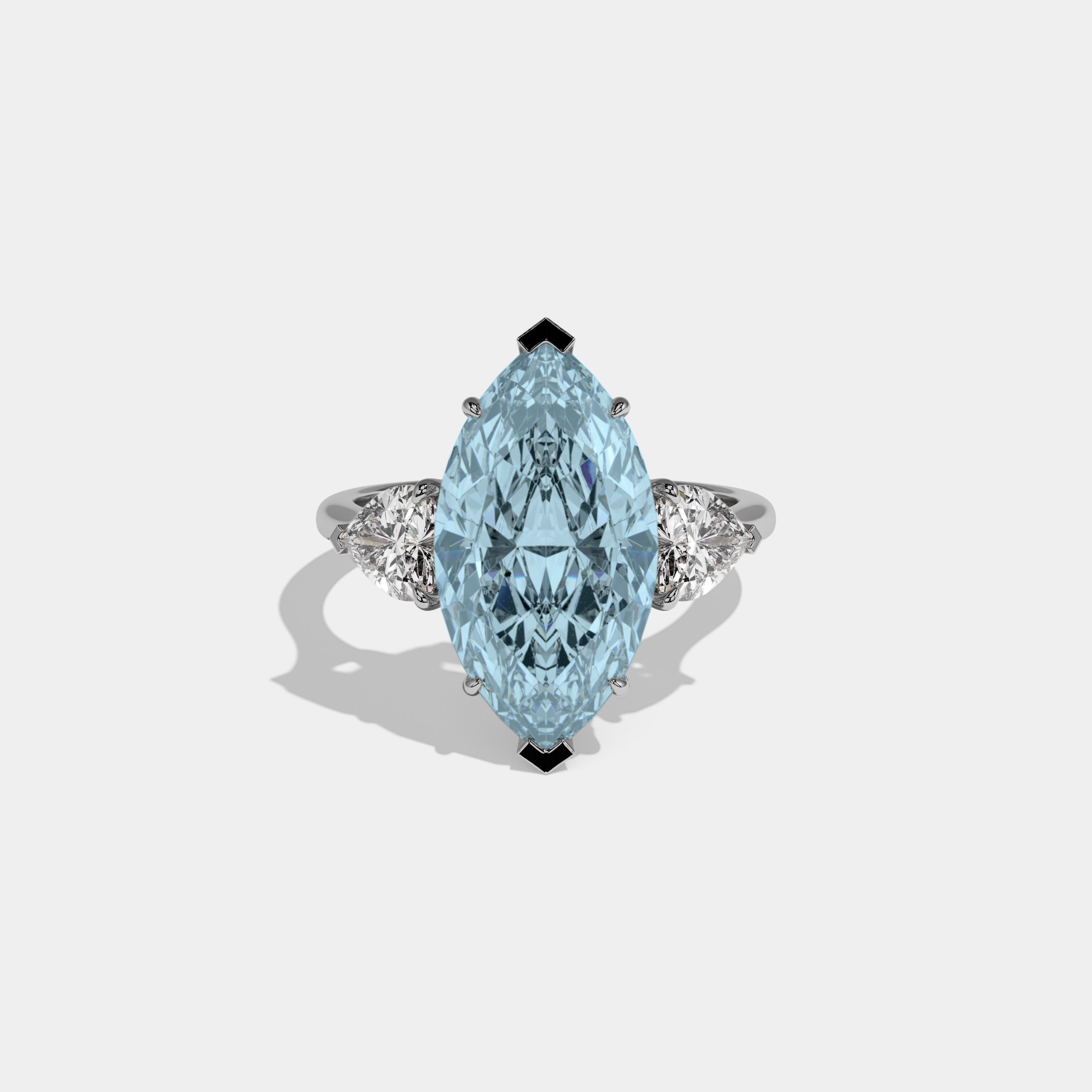 Margaret Fancy Light Blue Marquise Cut Diamond Plain Band With Heart Cut Sides Engagement Ring 8ct 18K White Gold
