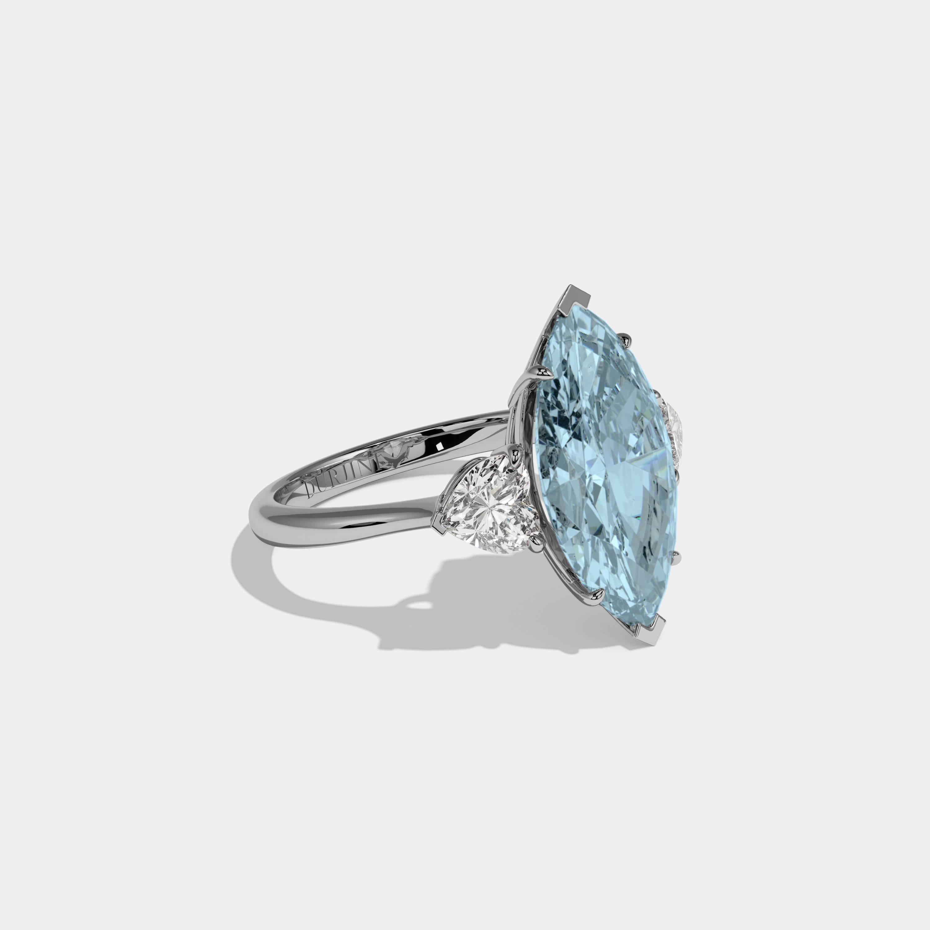Margaret Fancy Light Blue Marquise Cut Diamond Plain Band With Heart Cut Sides Engagement Ring 8ct 18K White Gold