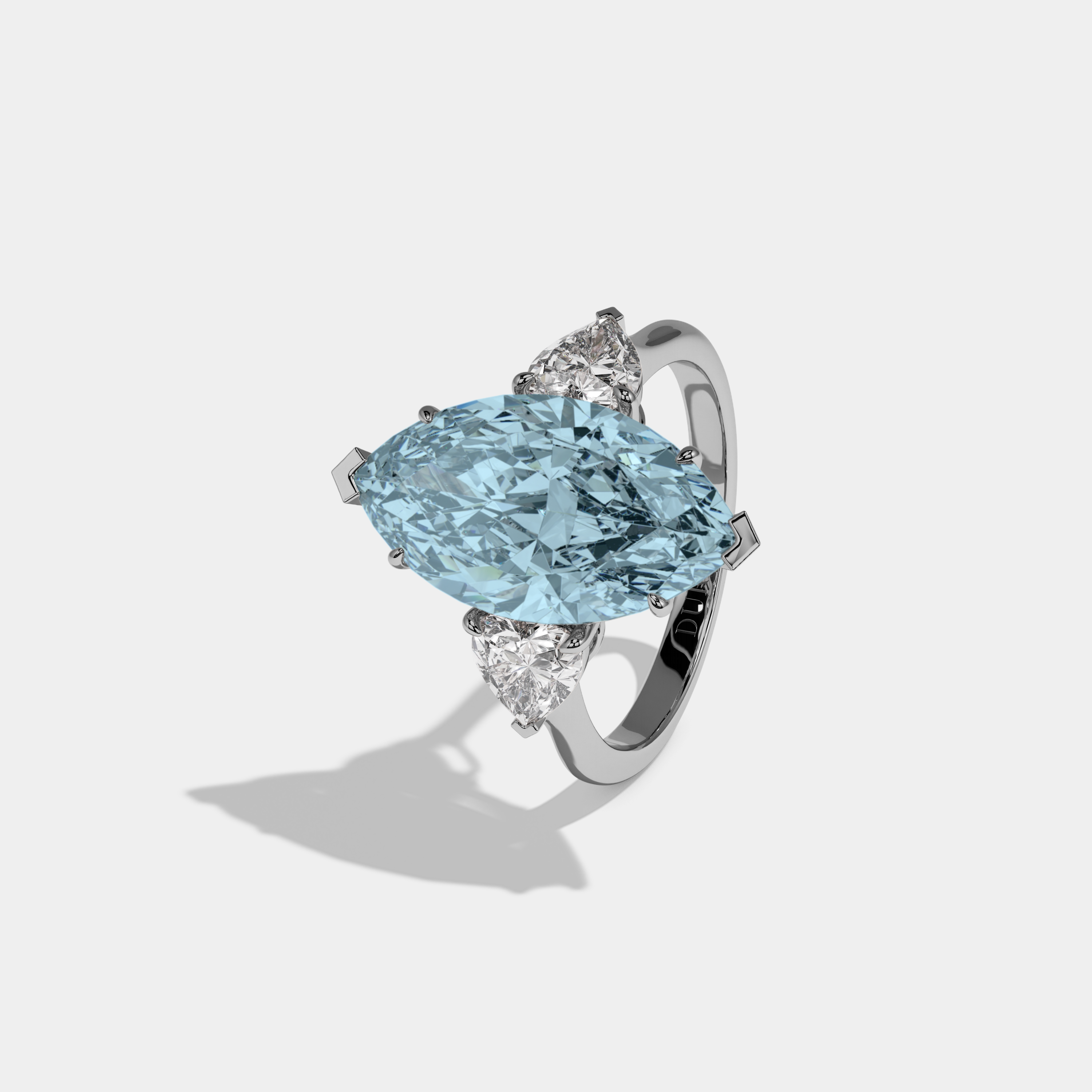 Margaret Fancy Light Blue Marquise Cut Diamond Plain Band With Heart Cut Sides Engagement Ring 8ct 18K White Gold