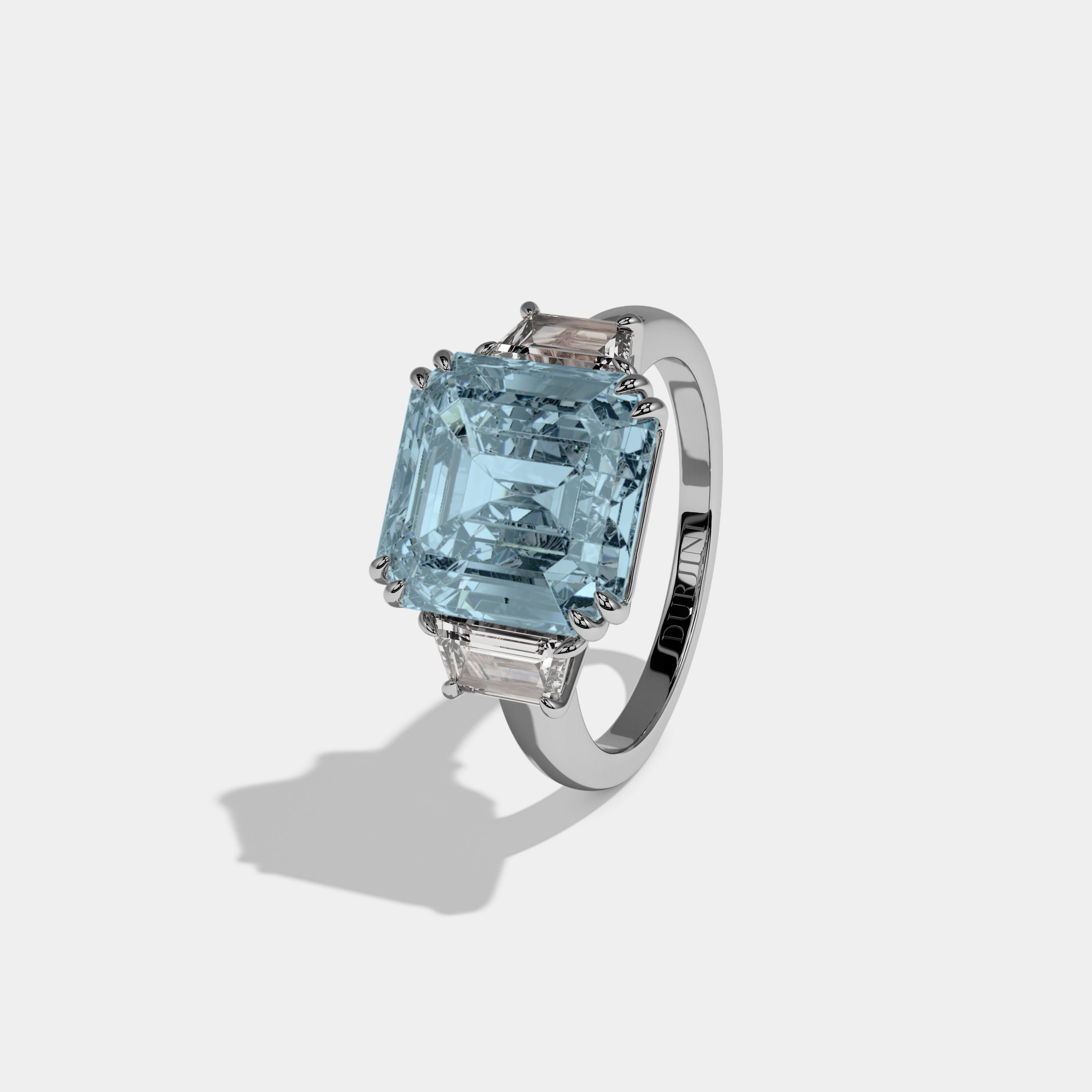 Margaret Fancy Light Blue Asscher Cut Diamond Plain Band With Step Cut Sides Engagement Ring 8ct 18K White Gold