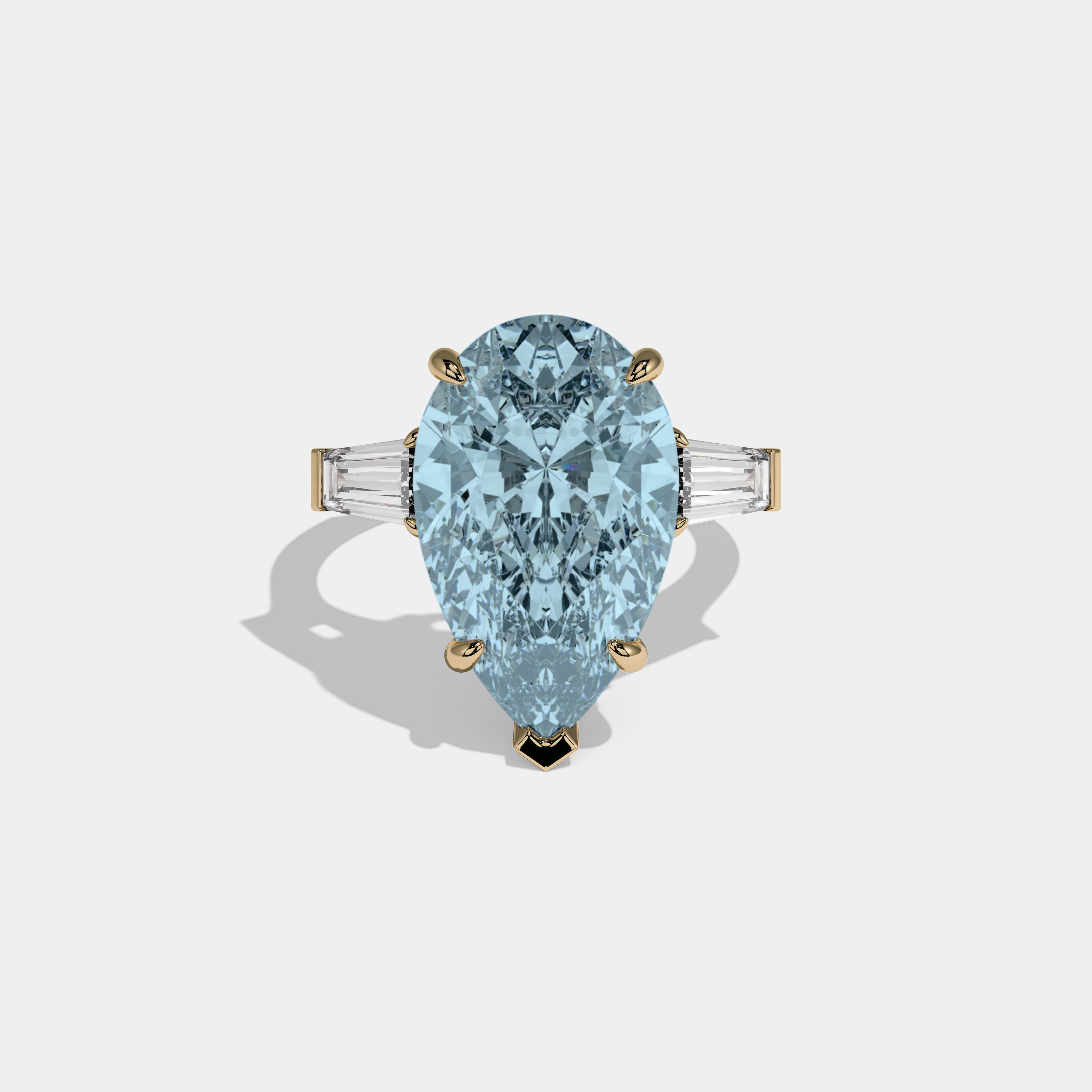Alice Fancy Light Blue Pear Cut Diamond Plain Band With Baguette Cut Sides Engagement Ring 8ct 18k Yellow Gold