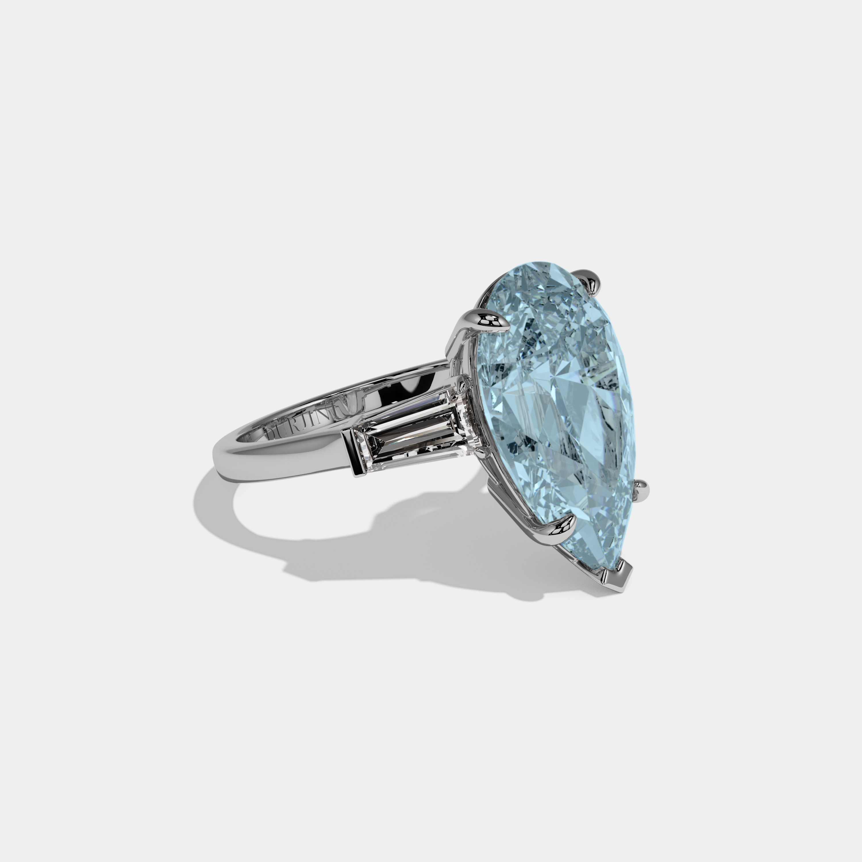 Amelia Fancy Light Blue Pear Cut Diamond Plain Band With Baguette Cut Sides Engagement Ring 8ct 18k White Gold