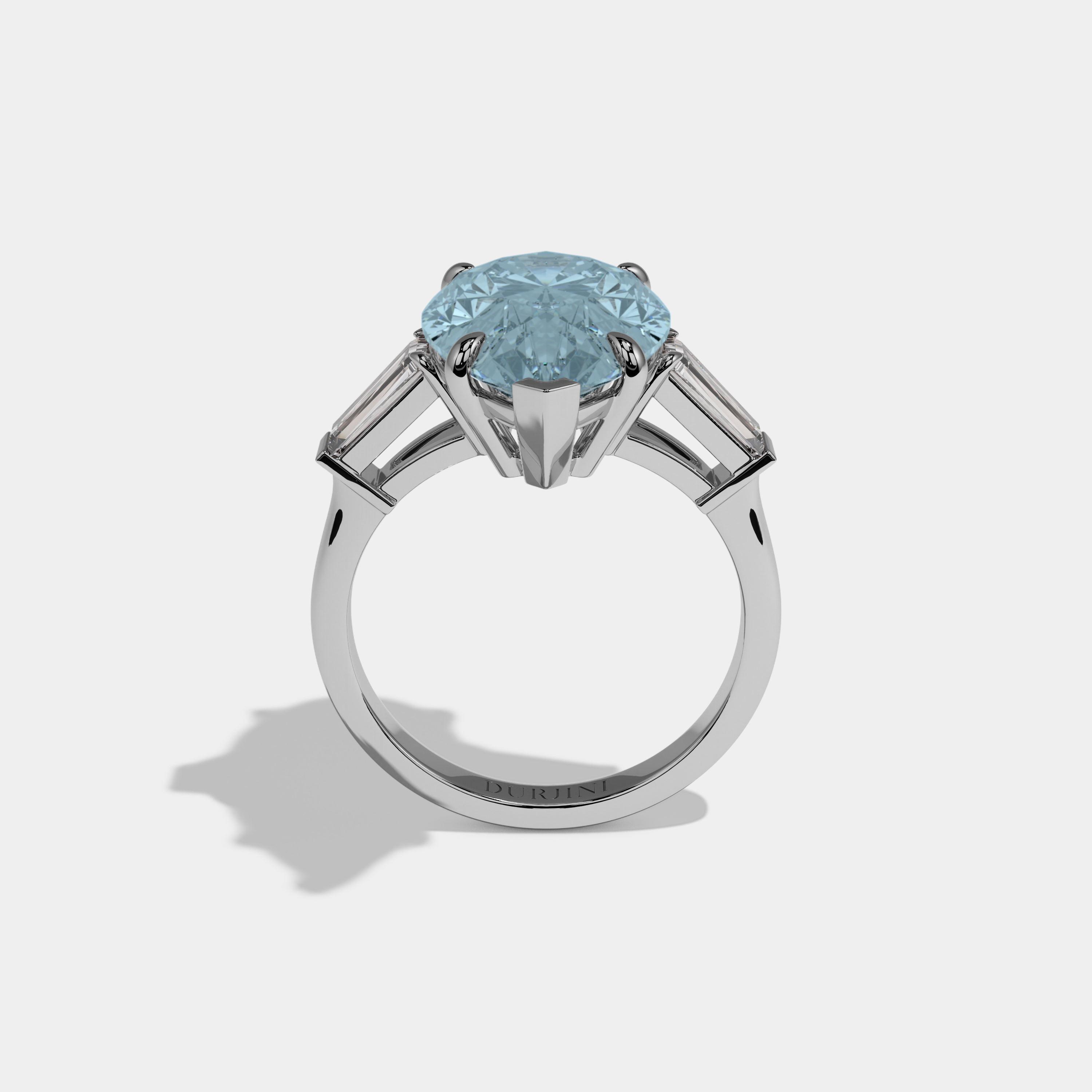 Amelia Fancy Light Blue Pear Cut Diamond Plain Band With Baguette Cut Sides Engagement Ring 8ct 18k White Gold