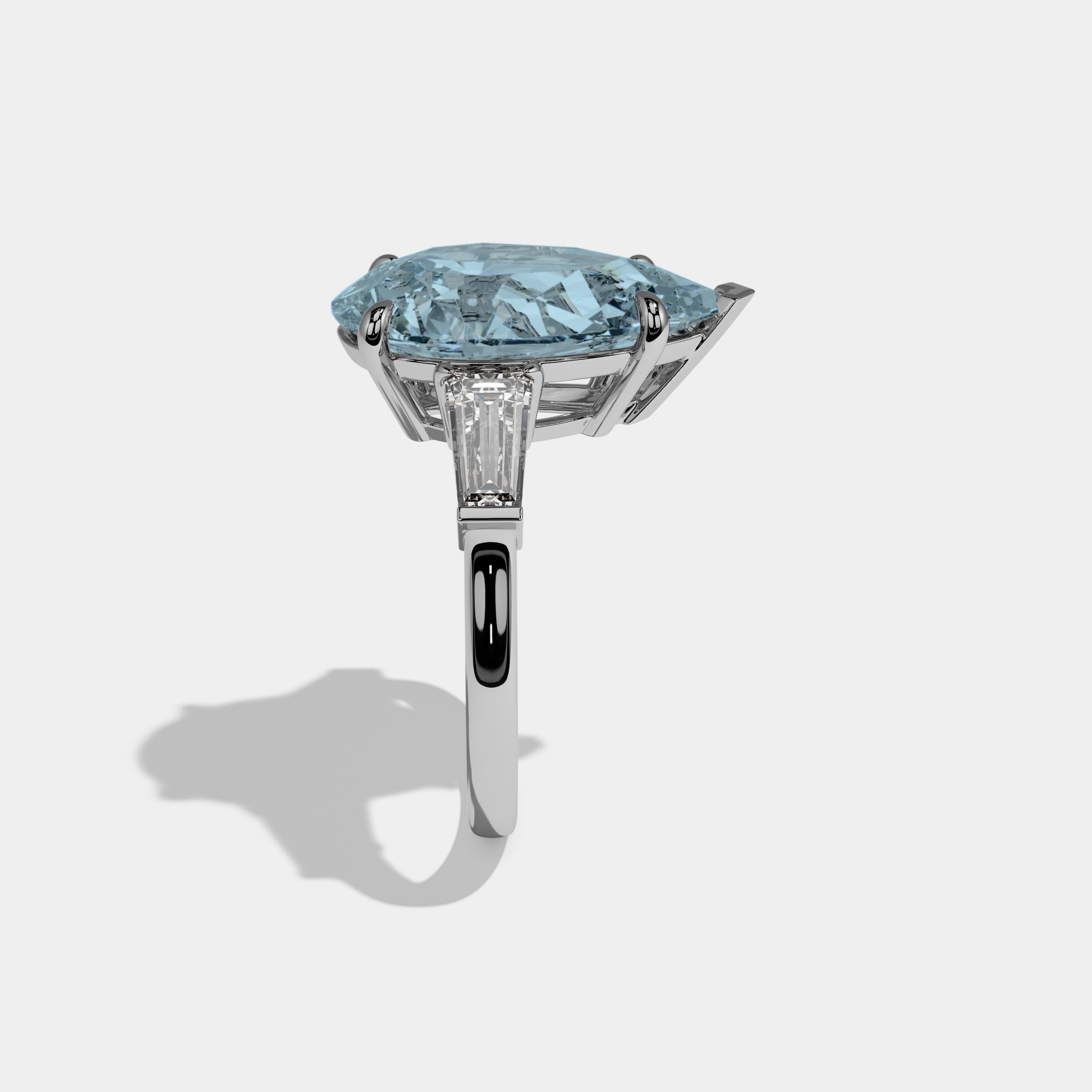 Amelia Fancy Light Blue Pear Cut Diamond Plain Band With Baguette Cut Sides Engagement Ring 8ct 18k White Gold