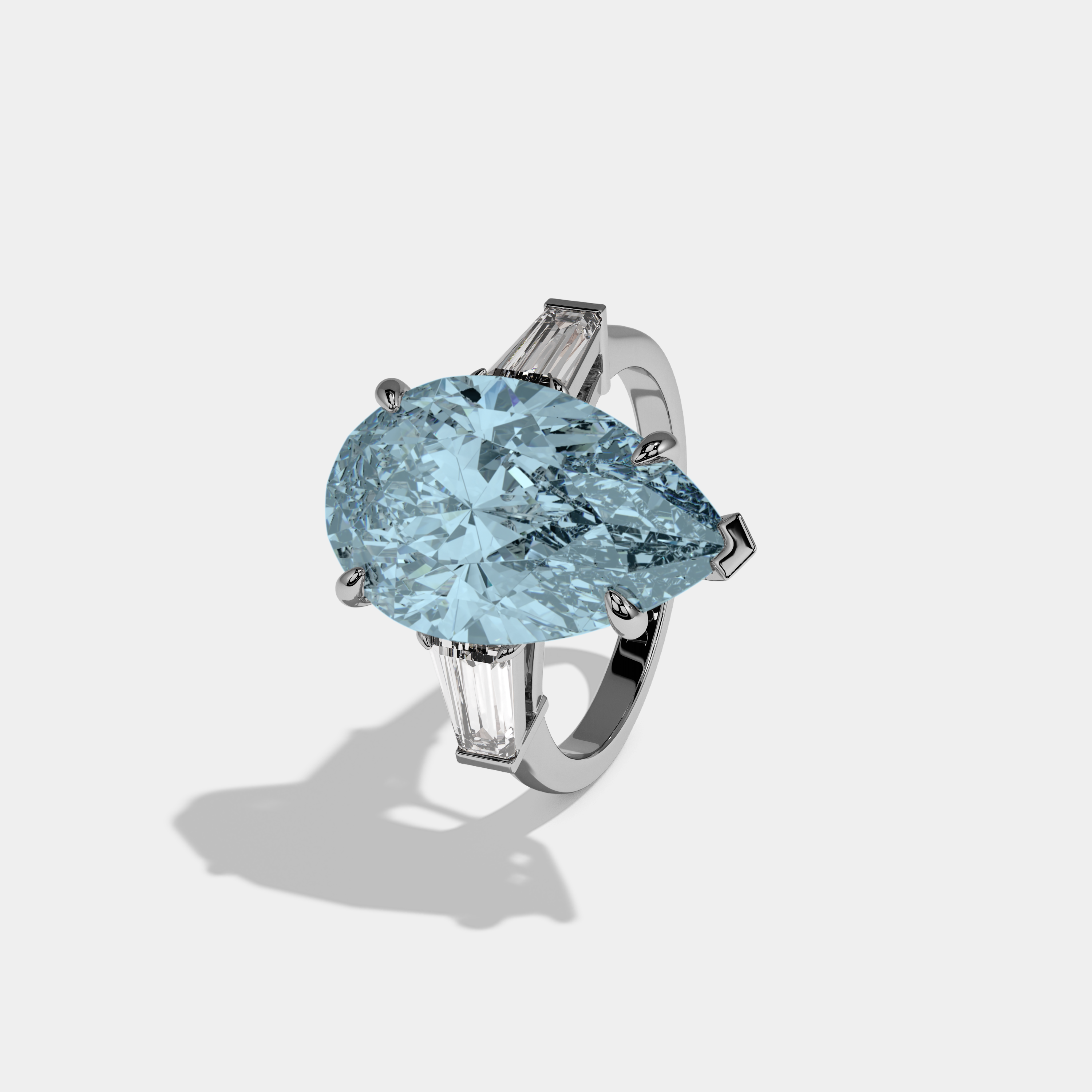 Amelia Fancy Light Blue Pear Cut Diamond Plain Band With Baguette Cut Sides Engagement Ring 8ct 18k White Gold