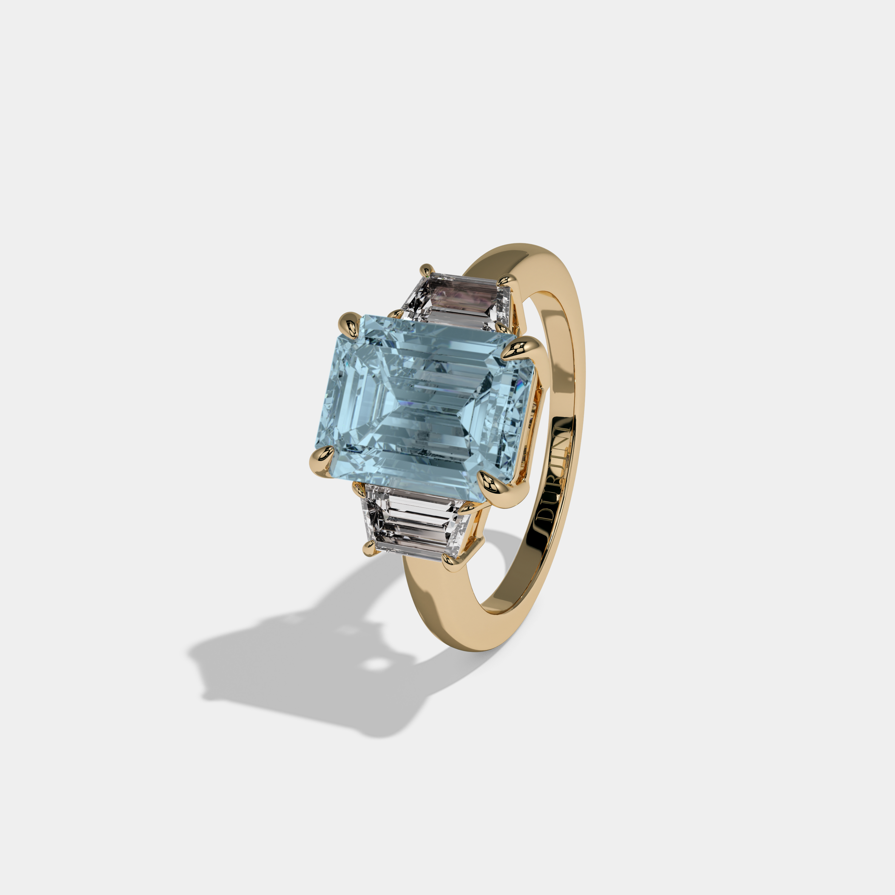 Alice Fancy Light Blue Emerald Cut Diamond Plain Band With Step Cut Sides Engagement Ring 8ct 18k Yellow Gold