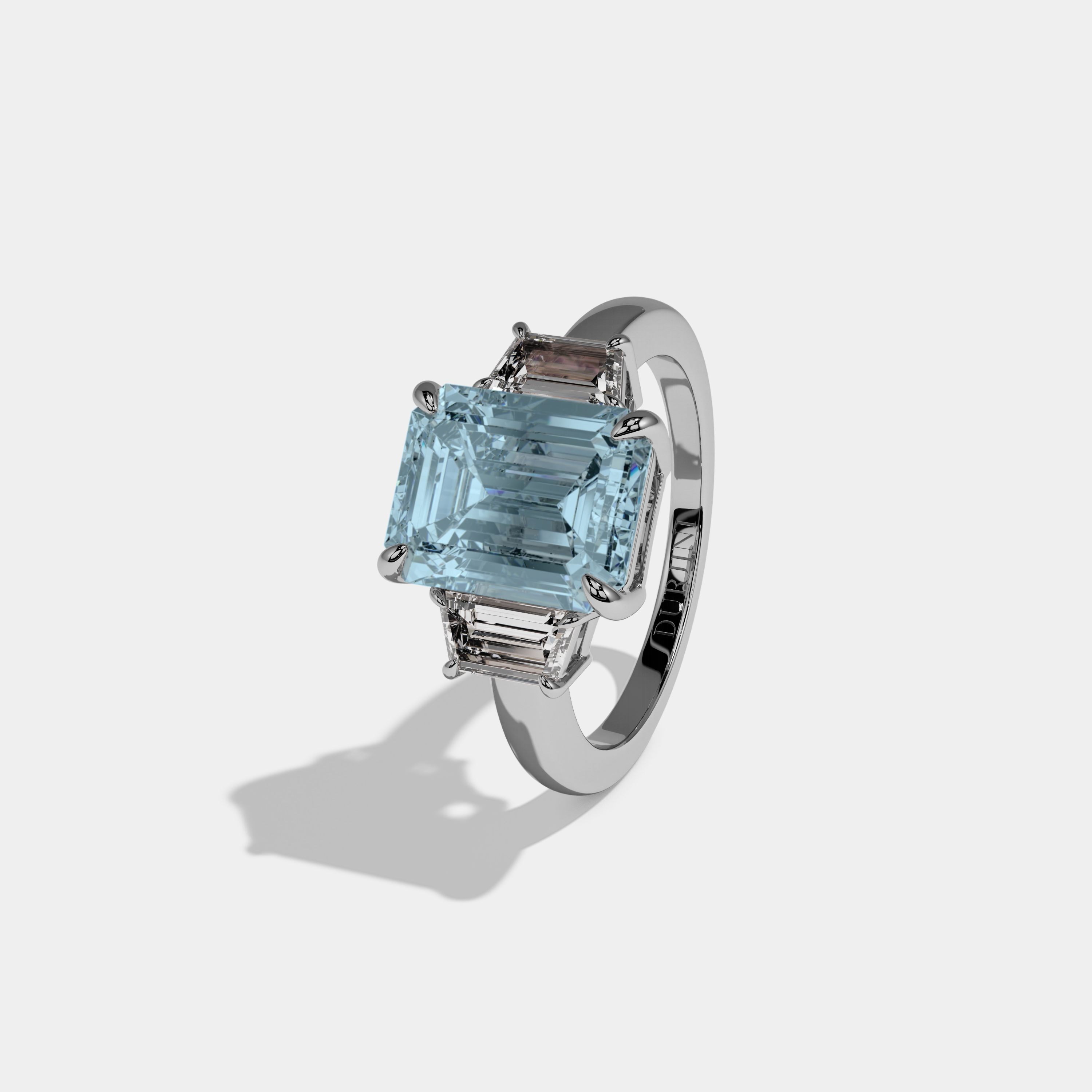 Amelia Fancy Light Blue Emerald Cut Diamond Plain Band With Step Cut Sides Engagement Ring 8ct 18k White Gold