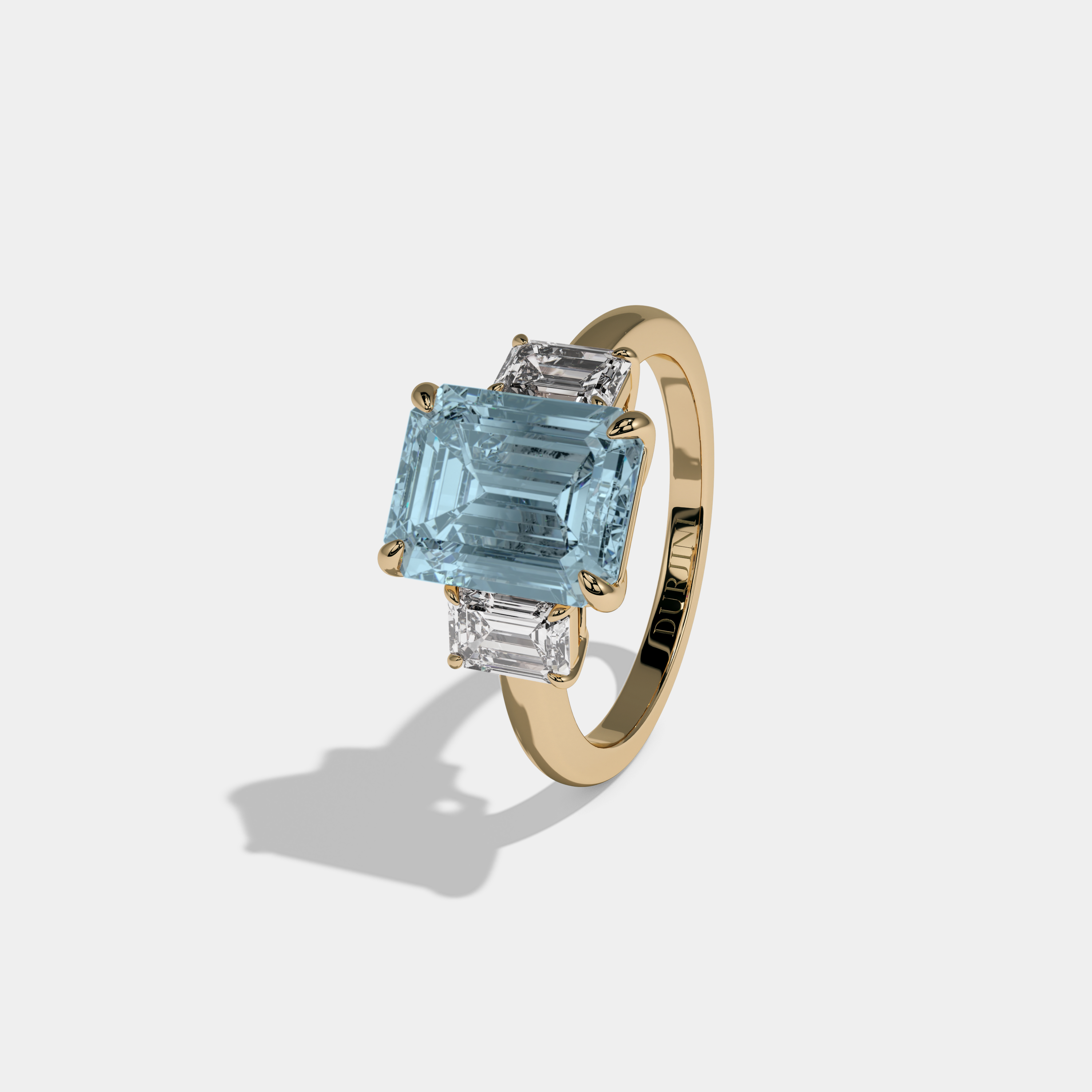 Alice Fancy Light Blue Emerald Cut Diamond Plain Band With Emerald Cut Sides Engagement Ring 8ct 18k Yellow Gold
