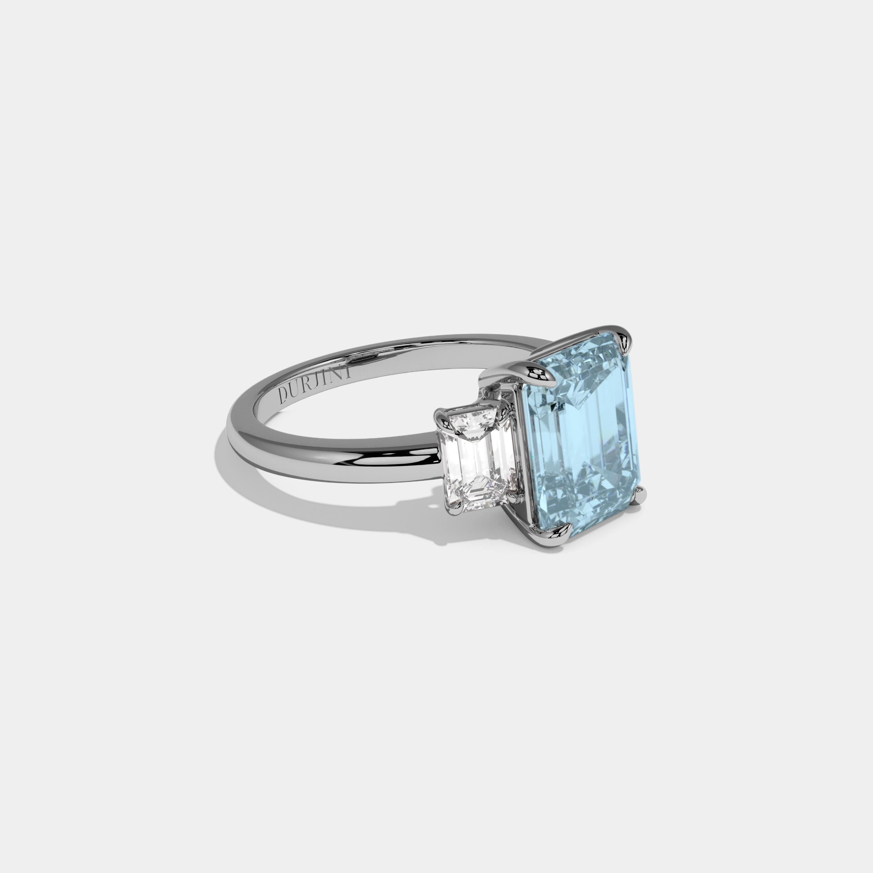Amelia Fancy Light Blue Emerald Cut Diamond Plain Band With Emerald Cut Sides Engagement Ring 8ct 18k White Gold