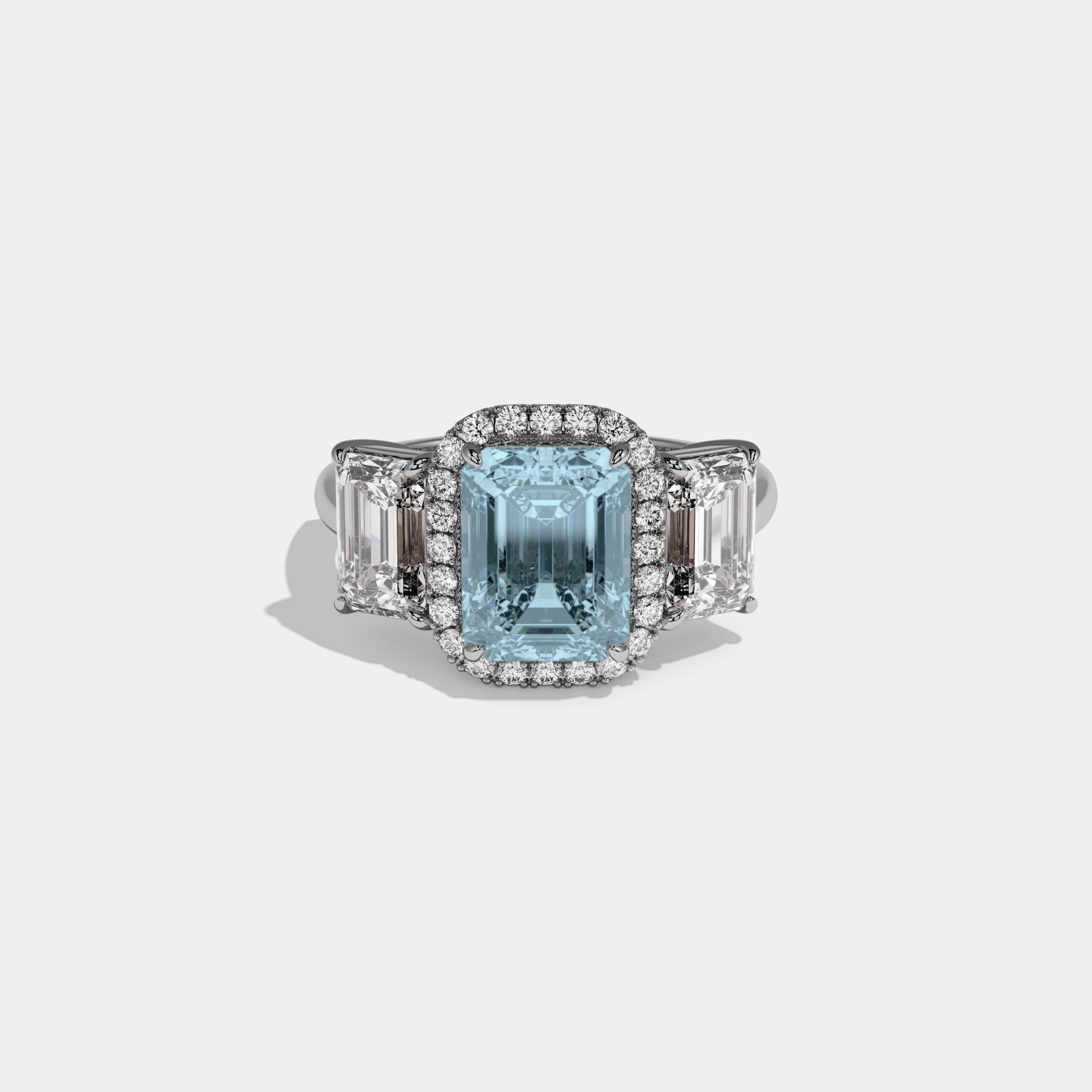 Louise Fancy Light Blue Emerald Cut Diamond Plain Band With Emerald Cut Sides Engagement Ring 8ct 18K White Gold