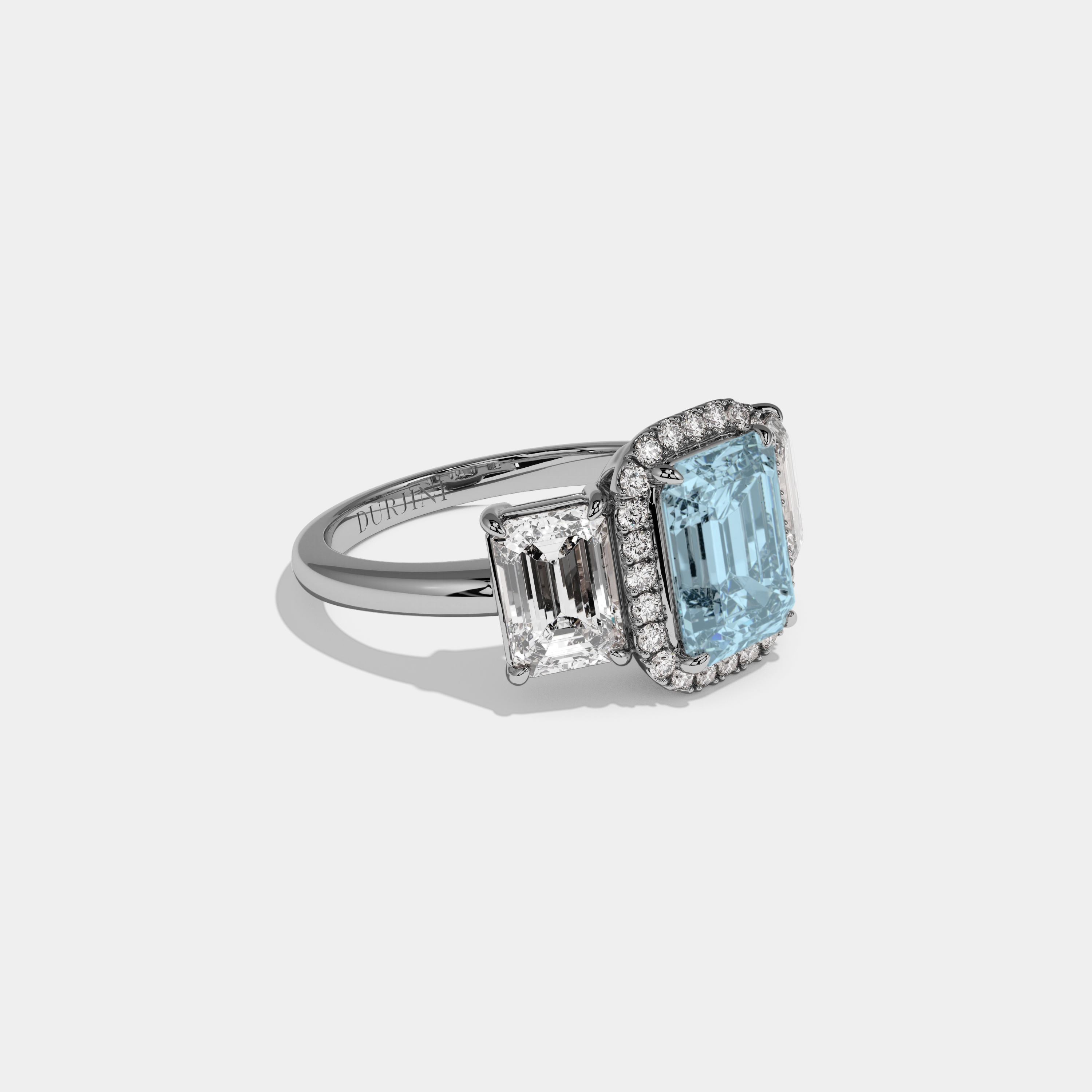 Louise Fancy Light Blue Emerald Cut Diamond Plain Band With Emerald Cut Sides Engagement Ring 8ct 18K White Gold