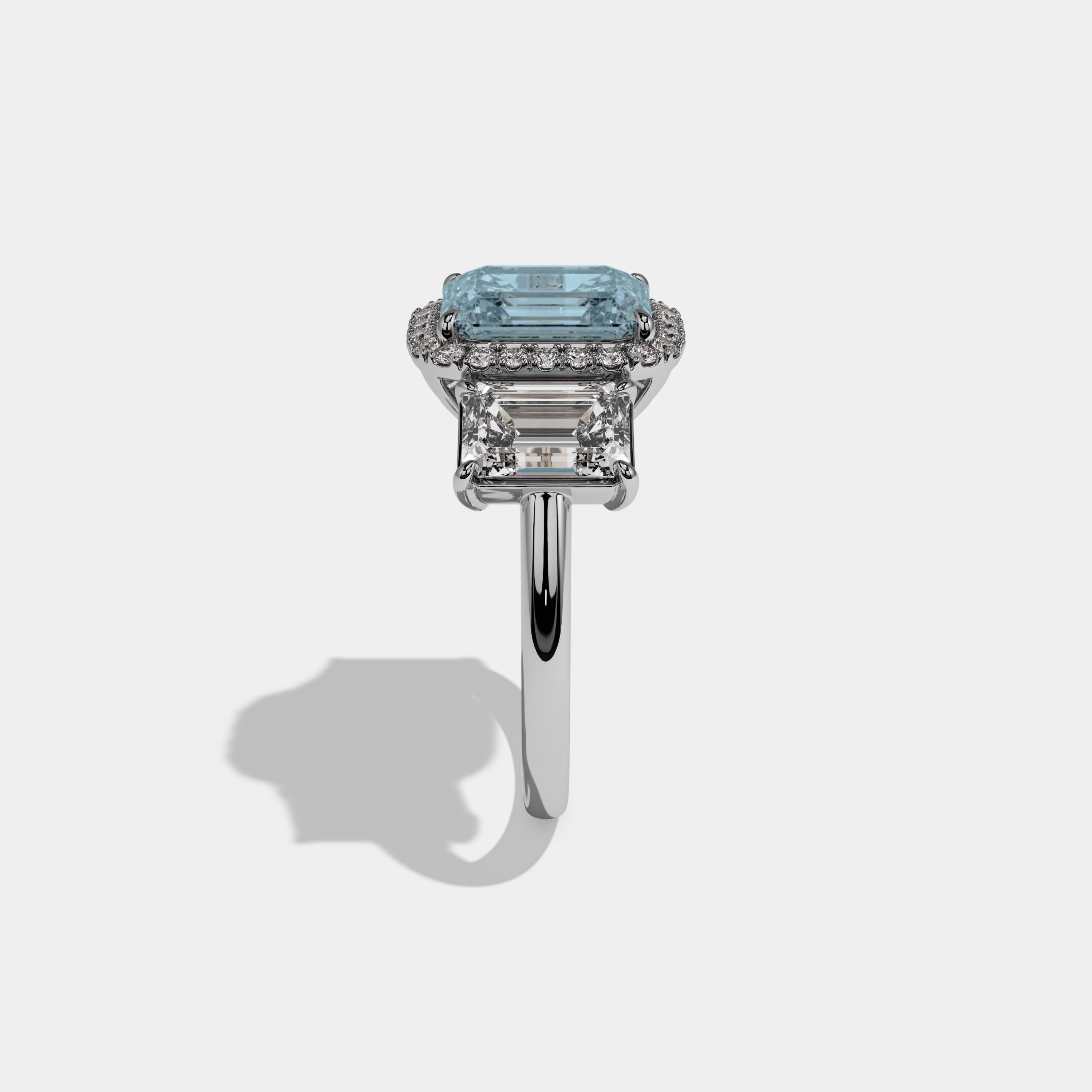 Louise Fancy Light Blue Emerald Cut Diamond Plain Band With Emerald Cut Sides Engagement Ring 8ct 18K White Gold