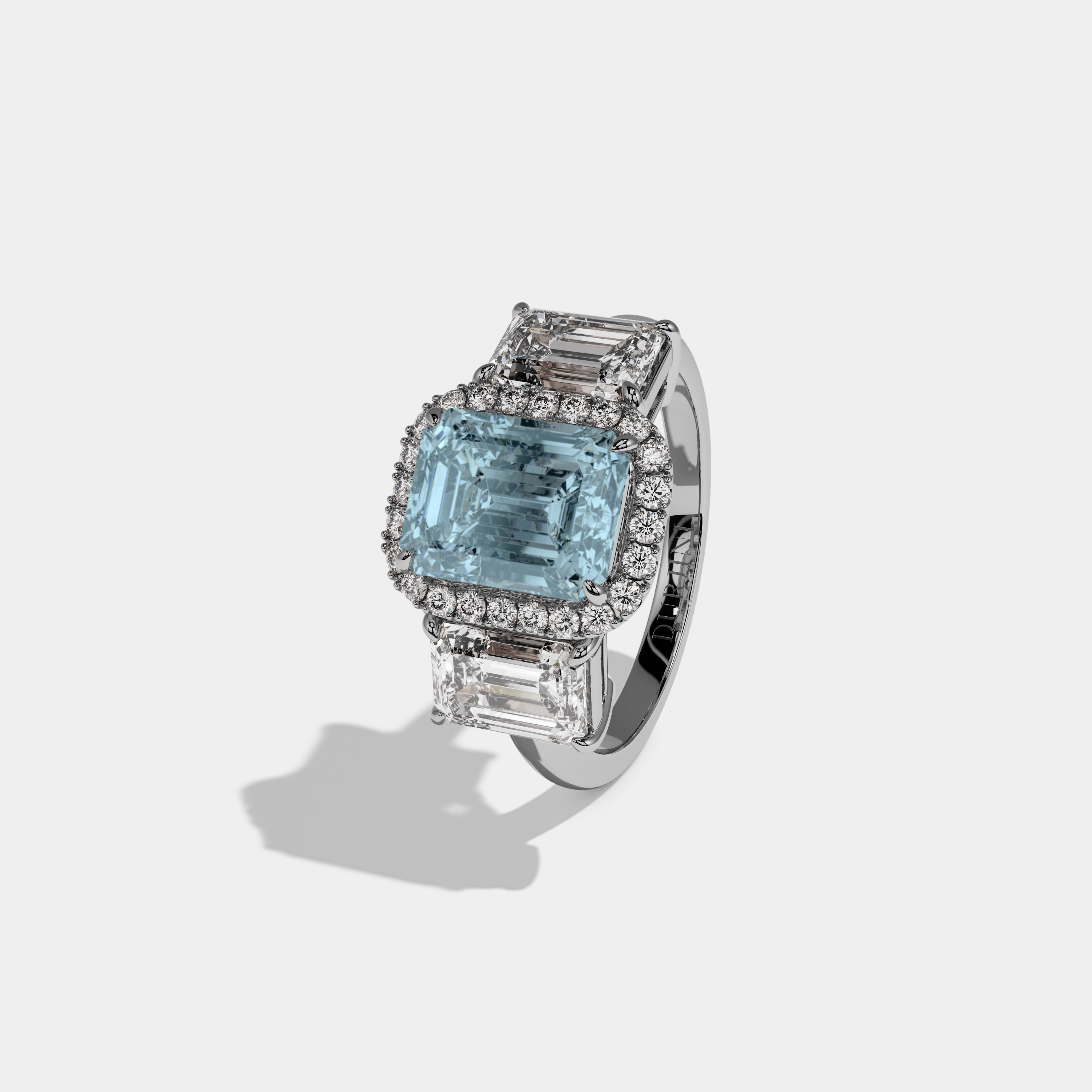 Louise Fancy Light Blue Emerald Cut Diamond Plain Band With Emerald Cut Sides Engagement Ring 8ct 18K White Gold