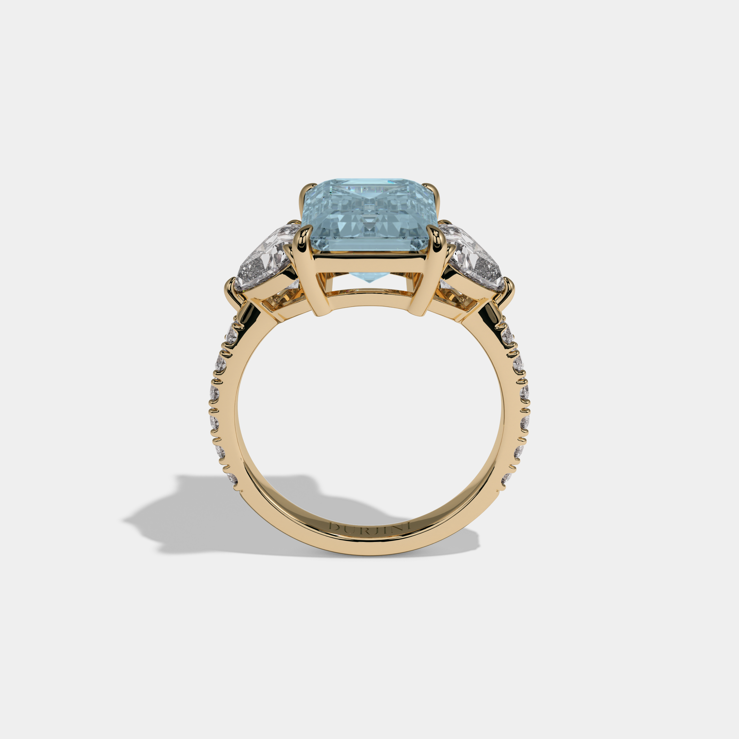 Caroline Fancy Light Blue Emerald Cut Diamond Band With Heart Cut Sides Engagement Ring 8ct 18K Yellow Gold