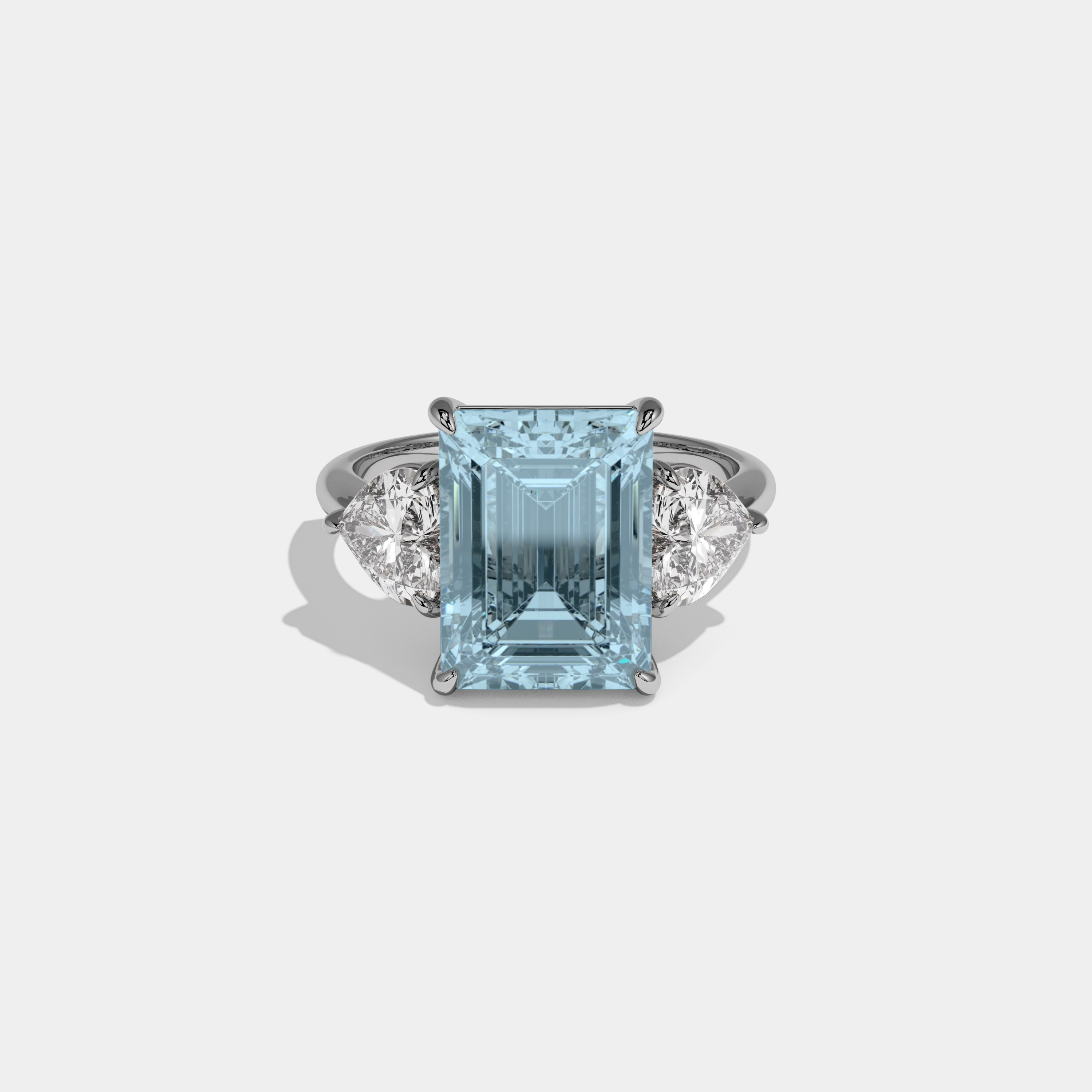 Margaret Fancy Light Blue Emerald Cut Diamond Plain Band With Heart Cut Sides Engagement Ring 8ct 18K White Gold