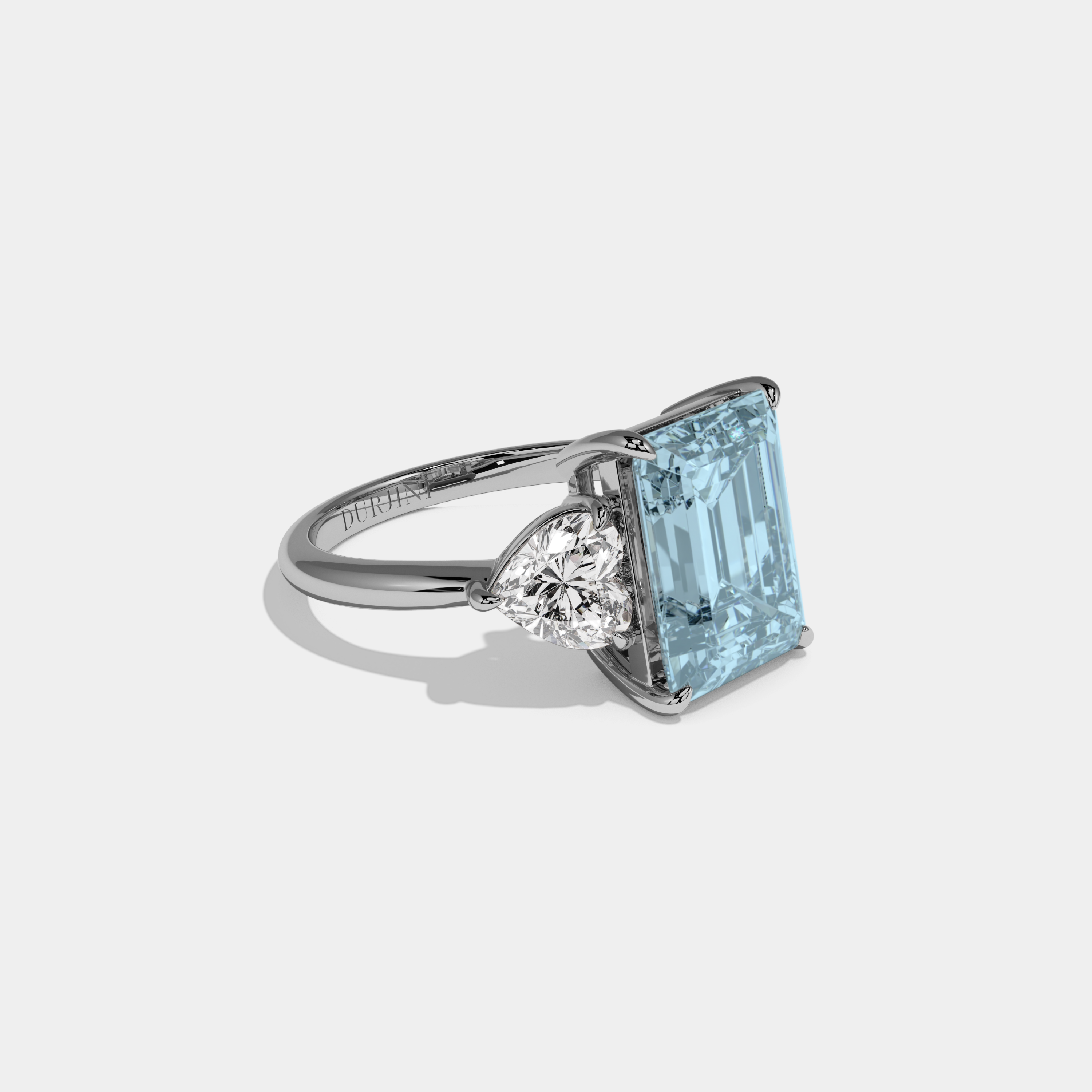 Margaret Fancy Light Blue Emerald Cut Diamond Plain Band With Heart Cut Sides Engagement Ring 8ct 18K White Gold