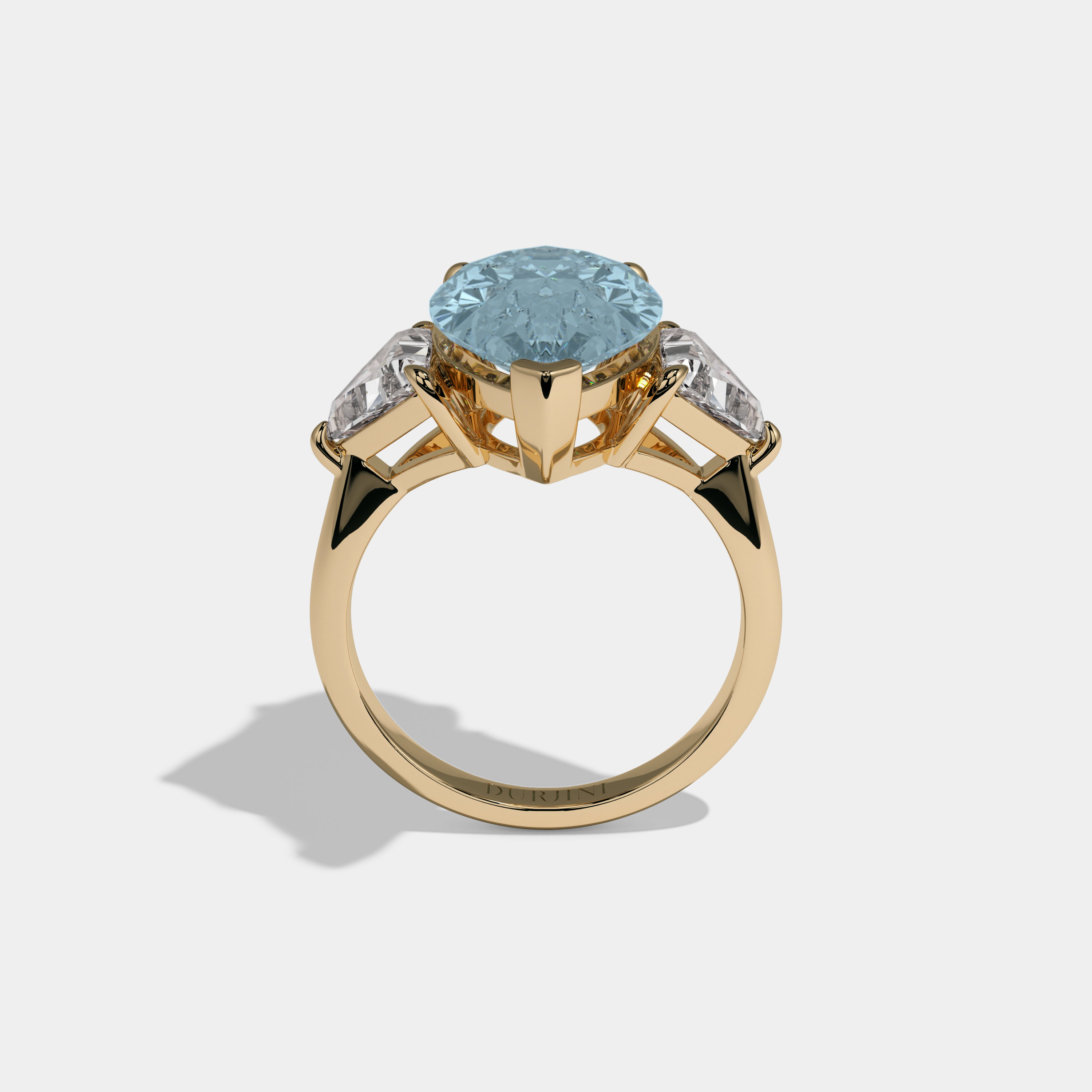 Caroline Fancy Light Blue Pear Cut Diamond Plain Band With Triangle Cut Sides Engagement Ring 8ct 18K Yellow Gold