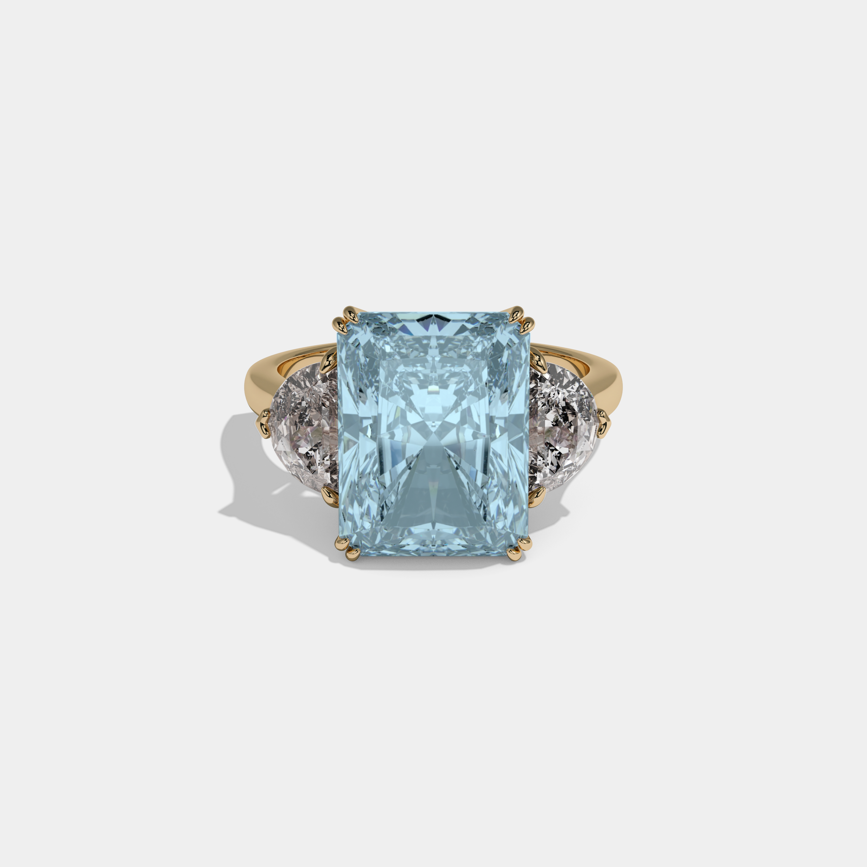 Caroline Fancy Light Blue Radiant Cut Diamond Plain Band With Half Moon Sides Engagement Ring 8ct 18K Yellow Gold
