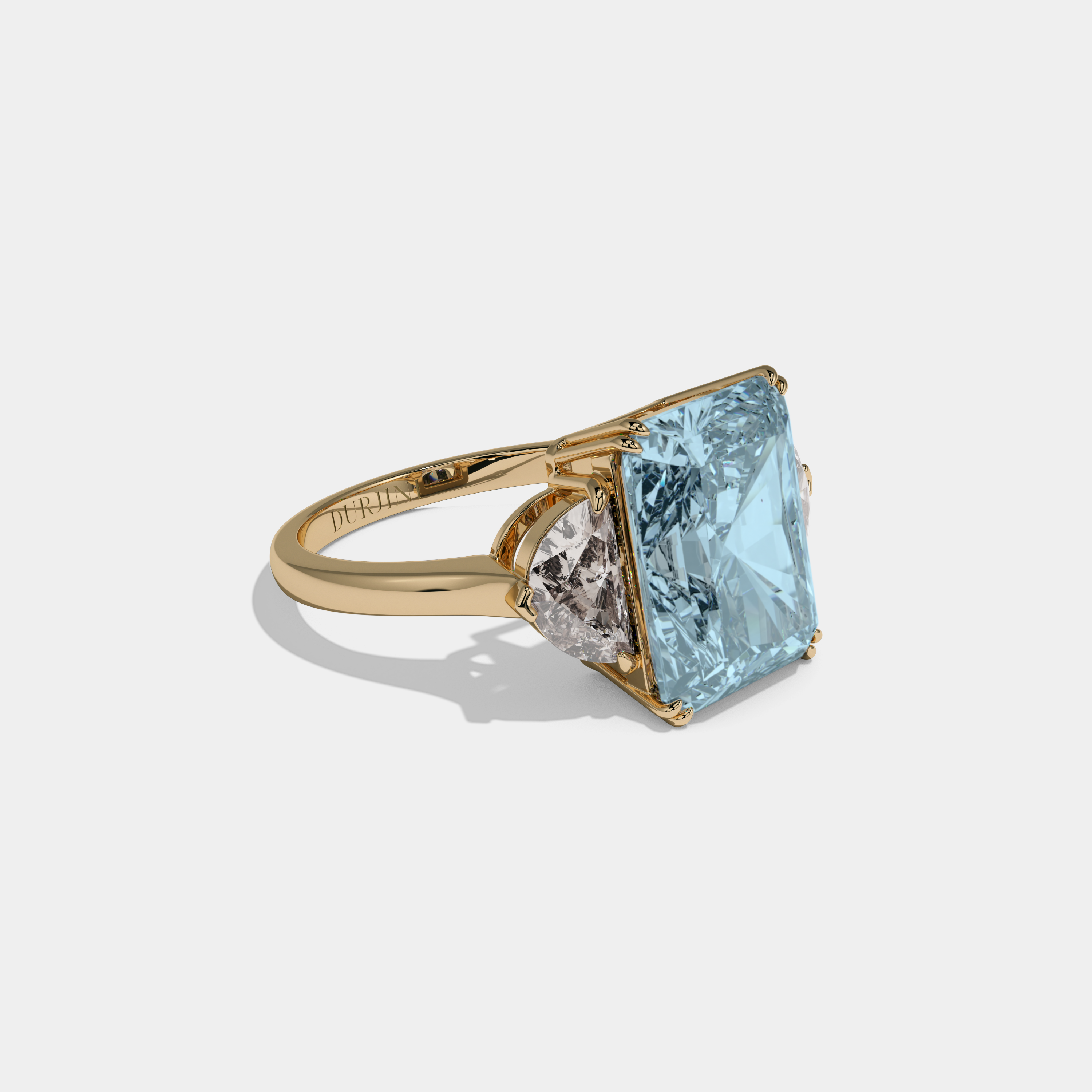 Caroline Fancy Light Blue Radiant Cut Diamond Plain Band With Half Moon Sides Engagement Ring 8ct 18K Yellow Gold