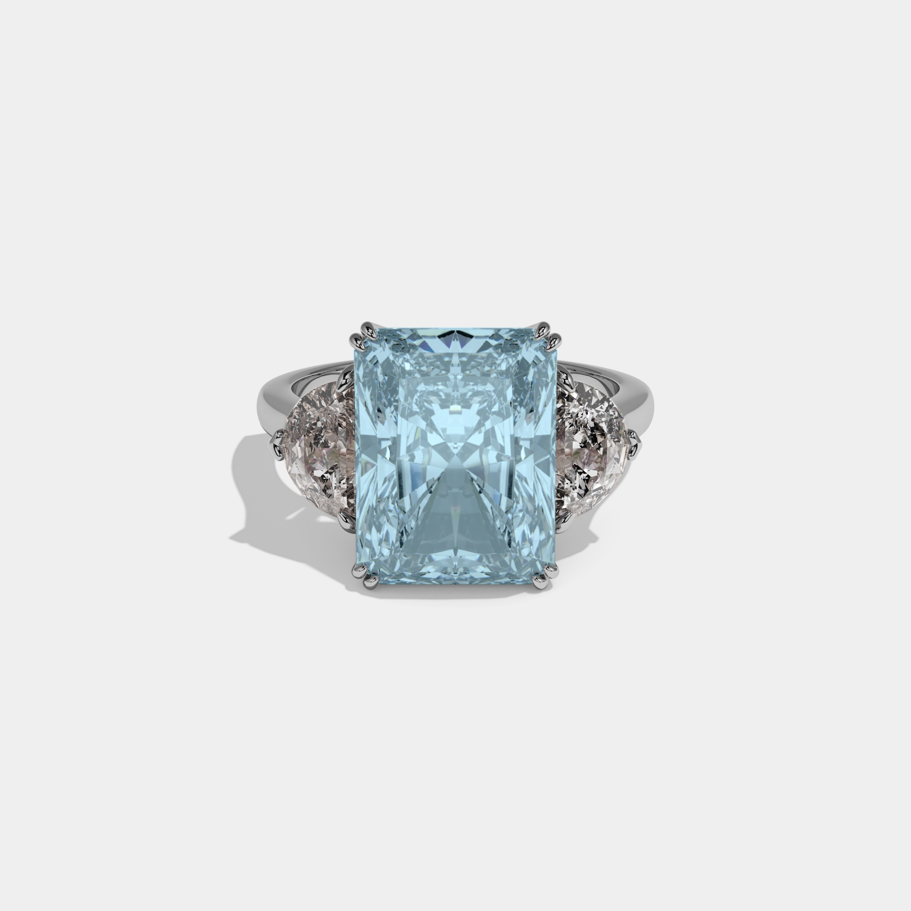 Margaret Fancy Light Blue Radiant Cut Diamond Plain Band With Half Moon Sides Engagement Ring 8ct 18K White Gold