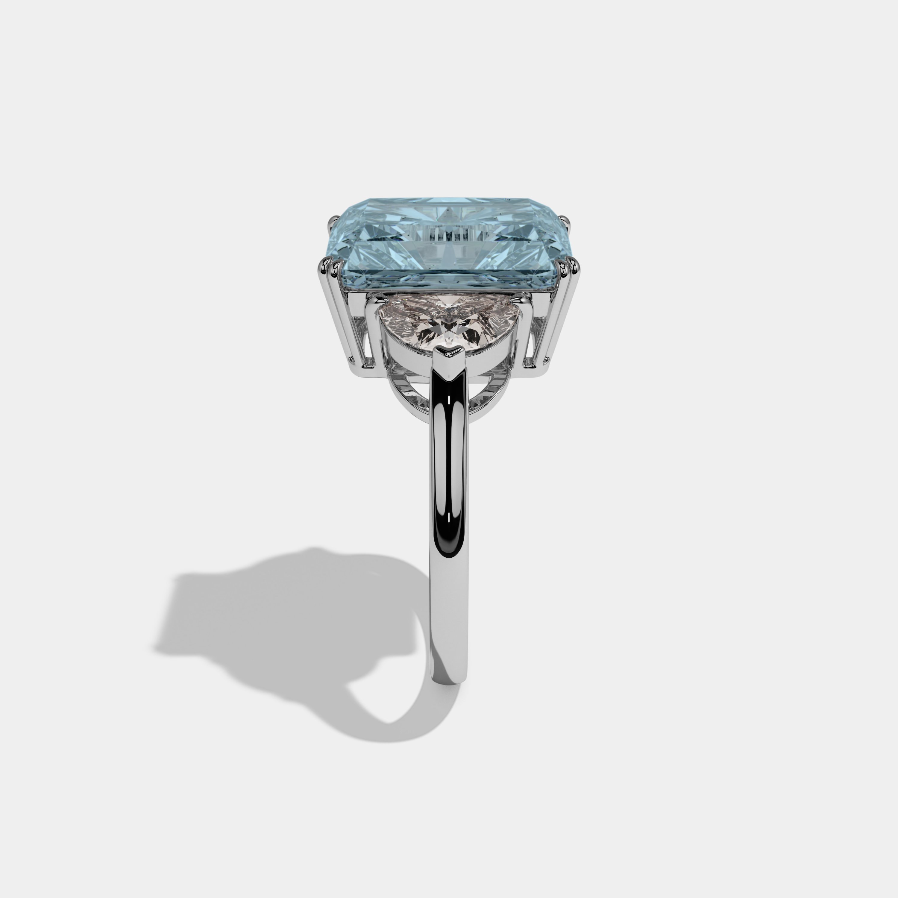 Margaret Fancy Light Blue Radiant Cut Diamond Plain Band With Half Moon Sides Engagement Ring 8ct 18K White Gold