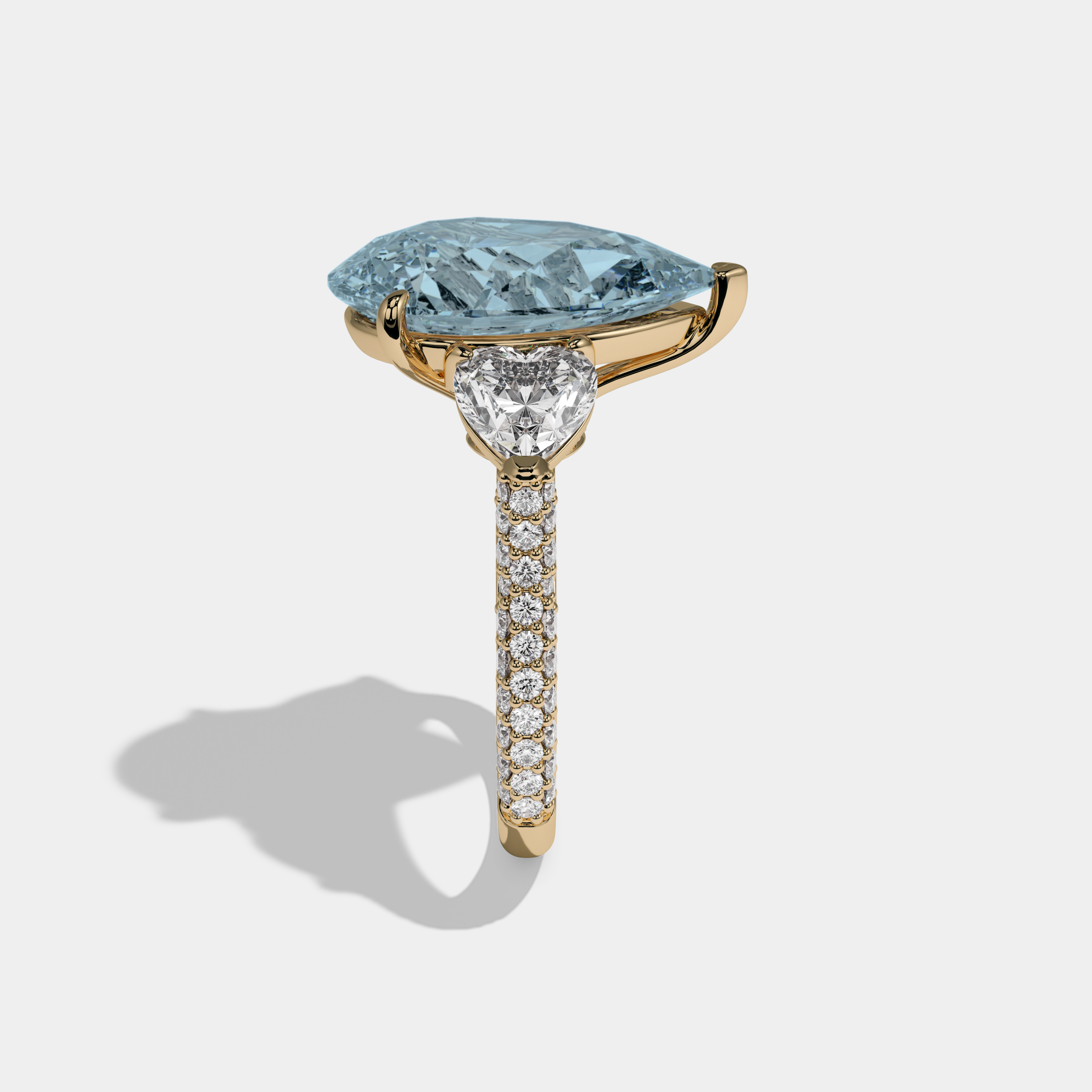Anne Fancy Light Blue Pear Cut Diamond Band With Heart Cut Sides Engagement Ring 9ct 18K Yellow Gold