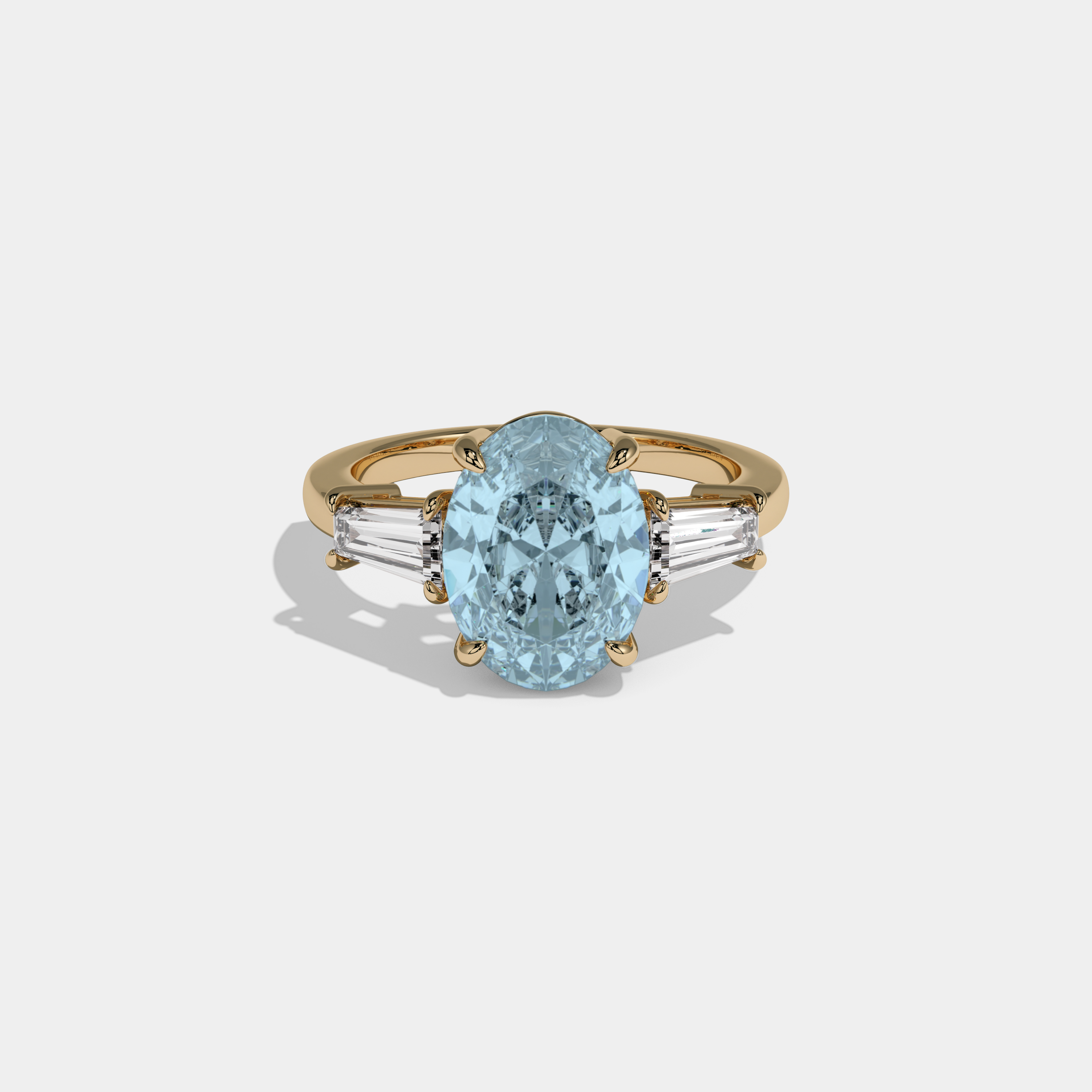 Caroline Fancy Light Blue Oval Cut Diamond Plain Band Engagement Ring With Baguette Cut Sides 6ct 18K Yellow Gold