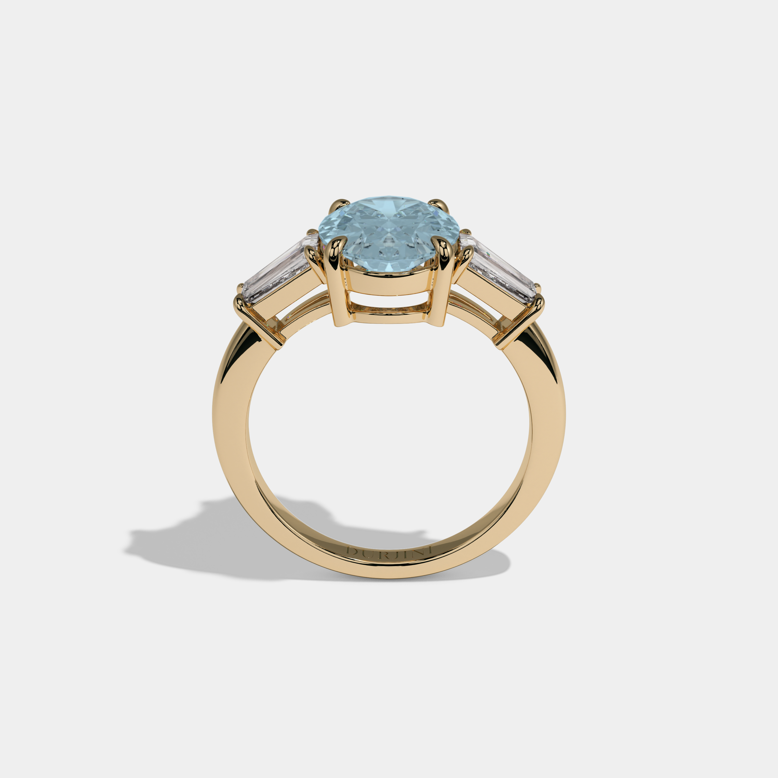 Caroline Fancy Light Blue Oval Cut Diamond Plain Band Engagement Ring With Baguette Cut Sides 6ct 18K Yellow Gold