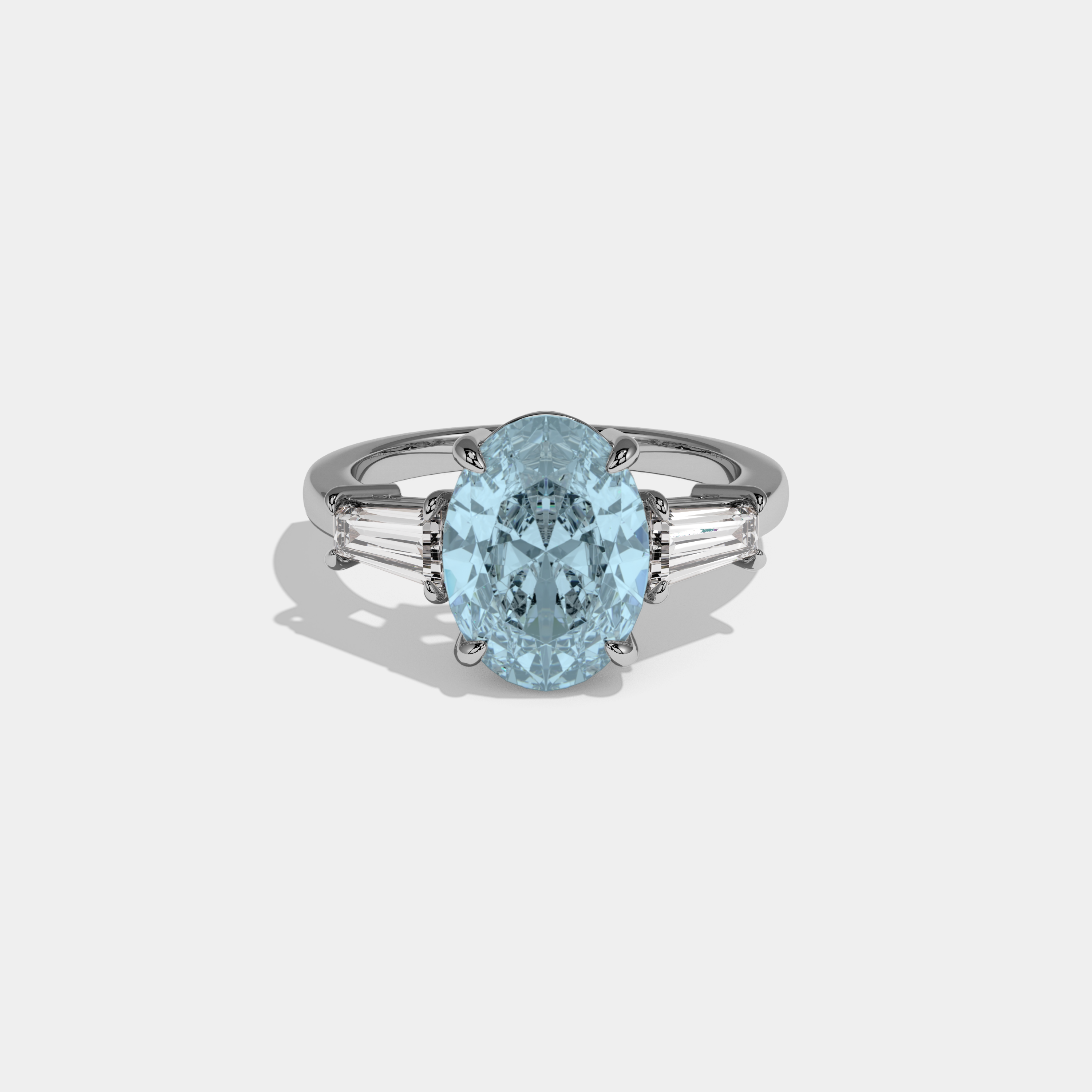 Margaret Fancy Light Blue Oval Cut Diamond Plain Band Engagement Ring With Baguette Cut Sides 6ct 18K White Gold