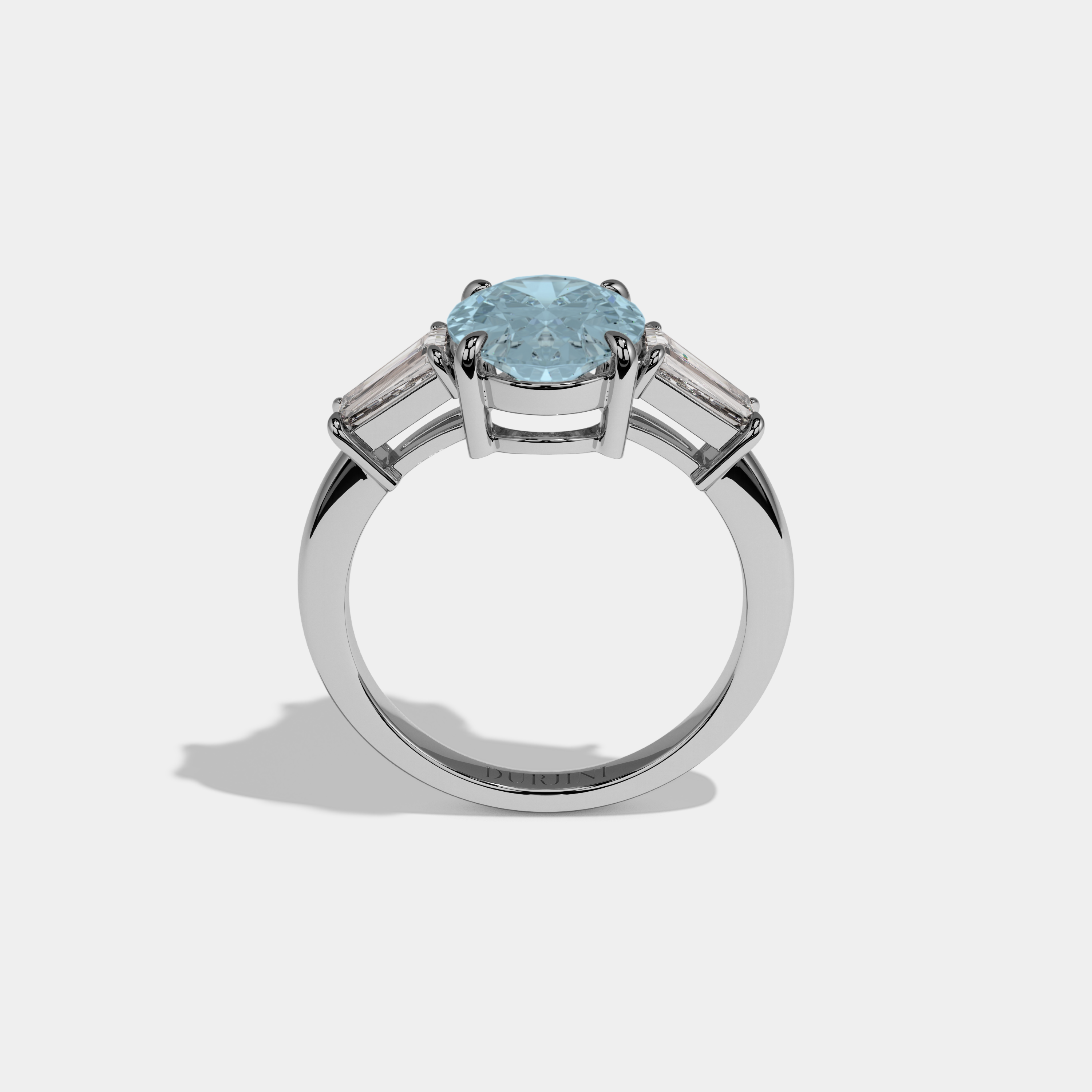Margaret Fancy Light Blue Oval Cut Diamond Plain Band Engagement Ring With Baguette Cut Sides 6ct 18K White Gold