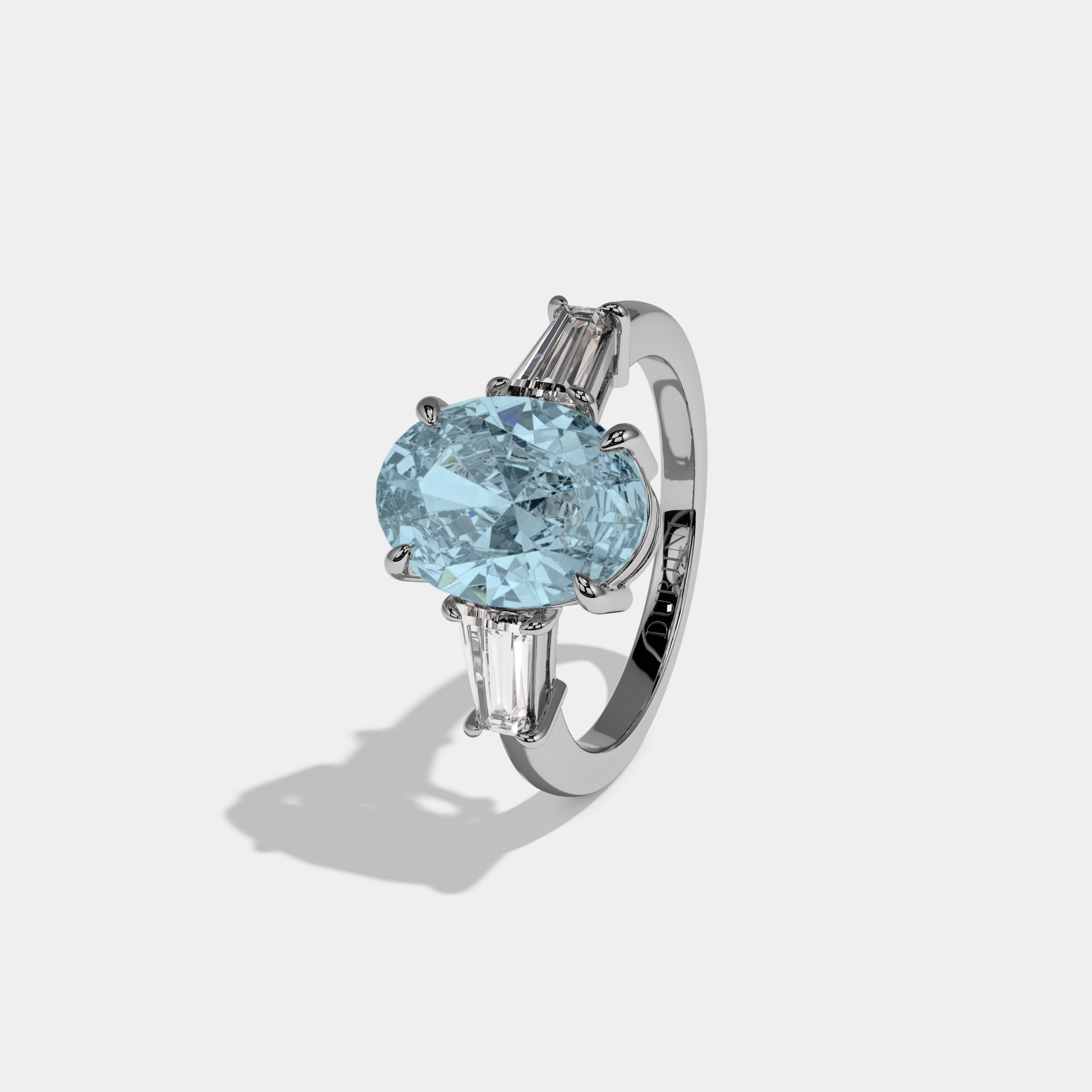Margaret Fancy Light Blue Oval Cut Diamond Plain Band Engagement Ring With Baguette Cut Sides 6ct 18K White Gold