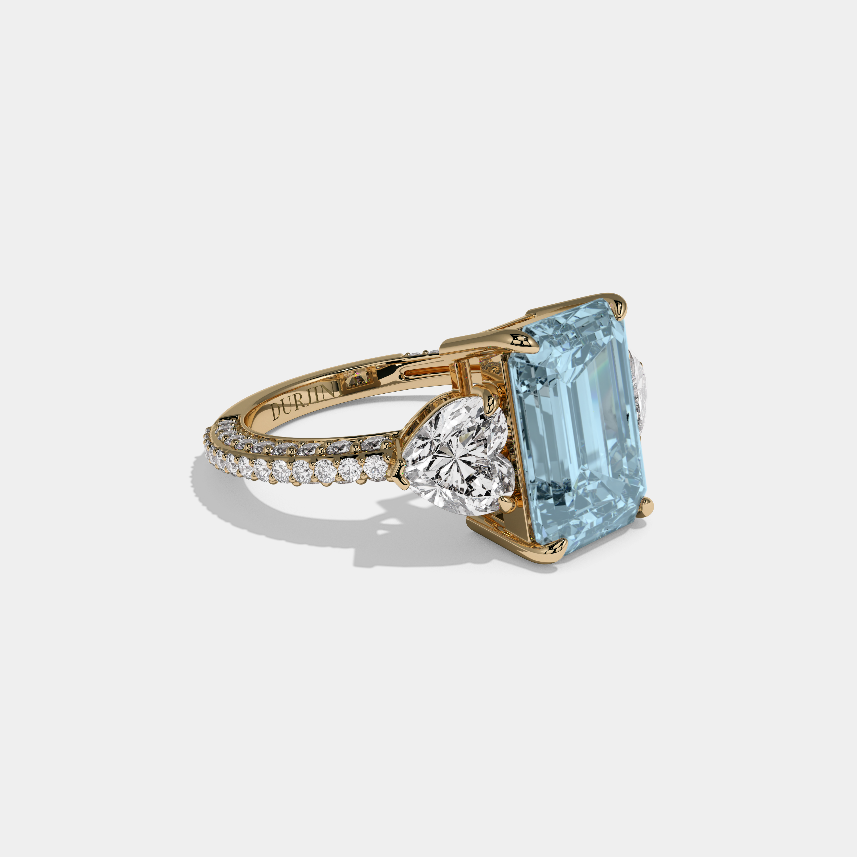 Cecilia Fancy Light Blue Emerald Cut Diamond Band With Heart Cut Sides Engagement Ring 8ct 18K Yellow Gold