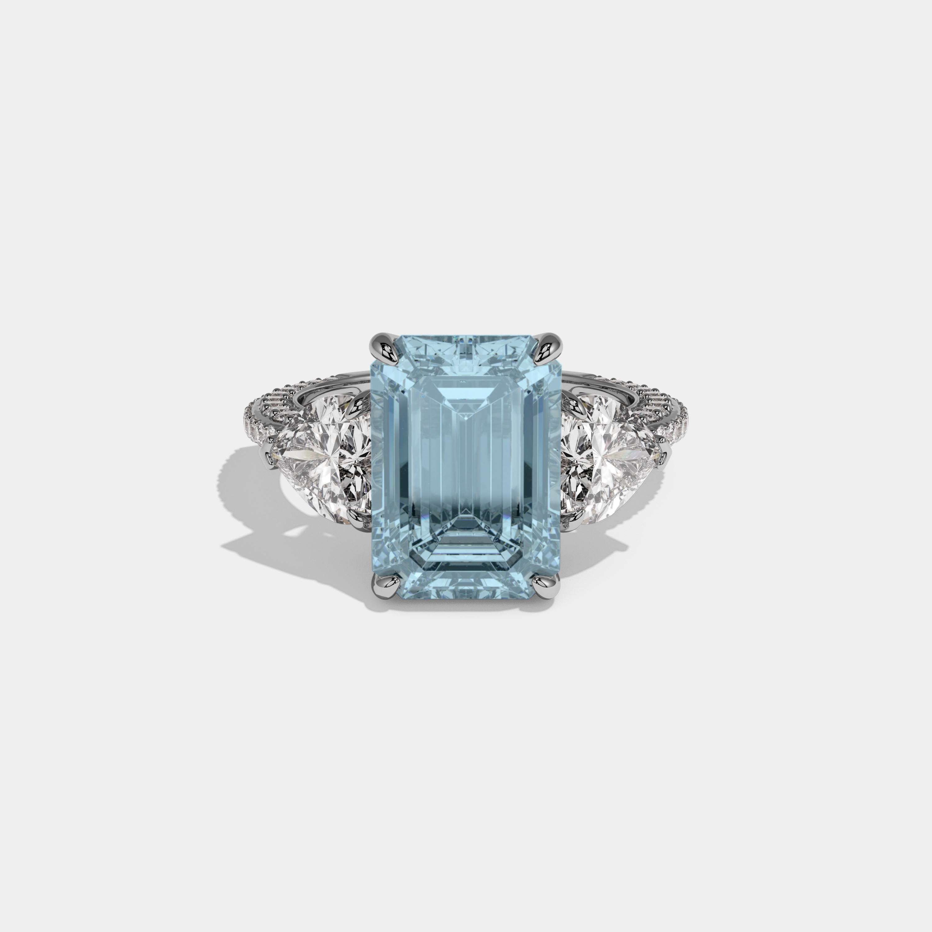 Charlotte Fancy Light Blue Emerald Cut Diamond Band With Heart Cut Sides Engagement Ring 8ct 18K White Gold