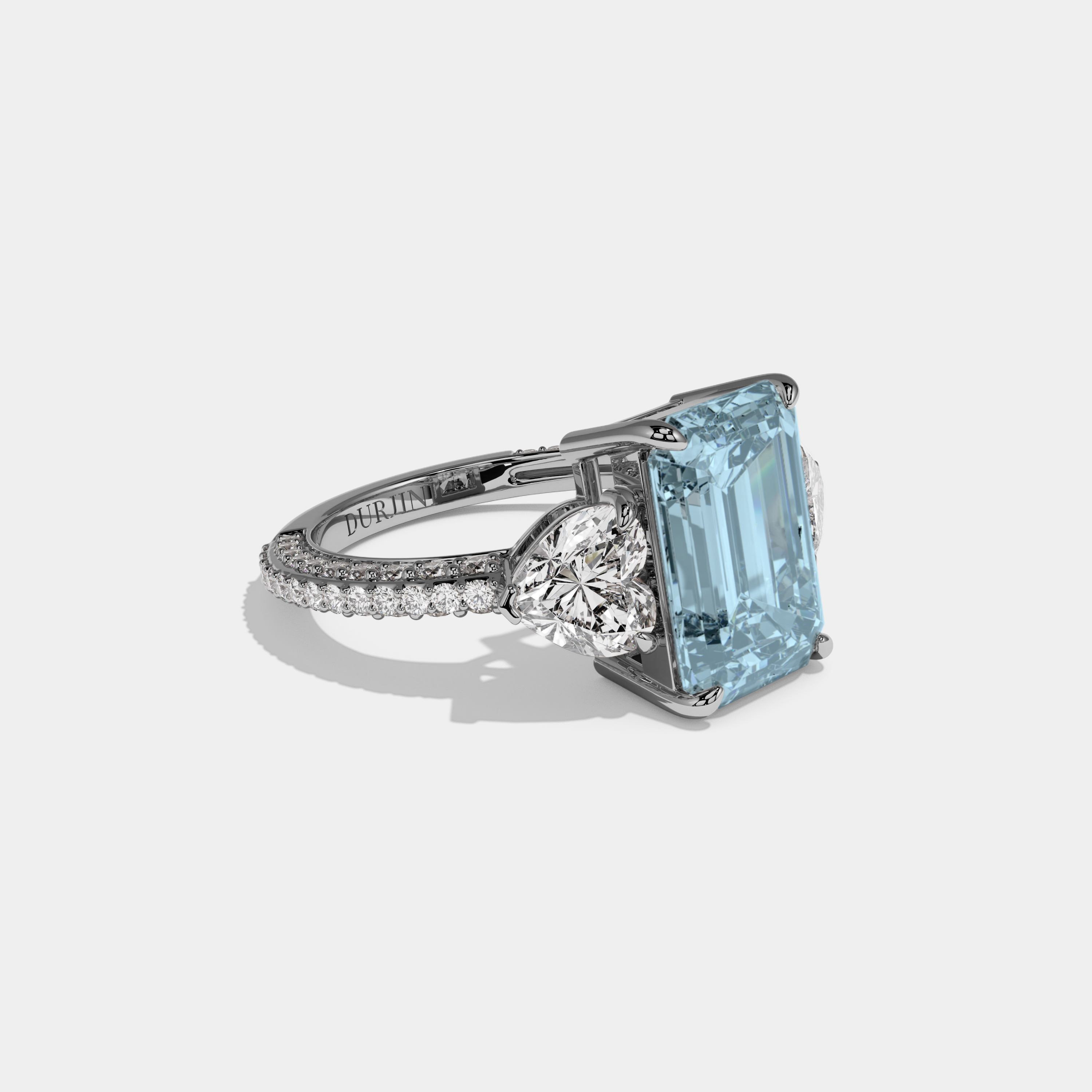 Charlotte Fancy Light Blue Emerald Cut Diamond Band With Heart Cut Sides Engagement Ring 8ct 18K White Gold