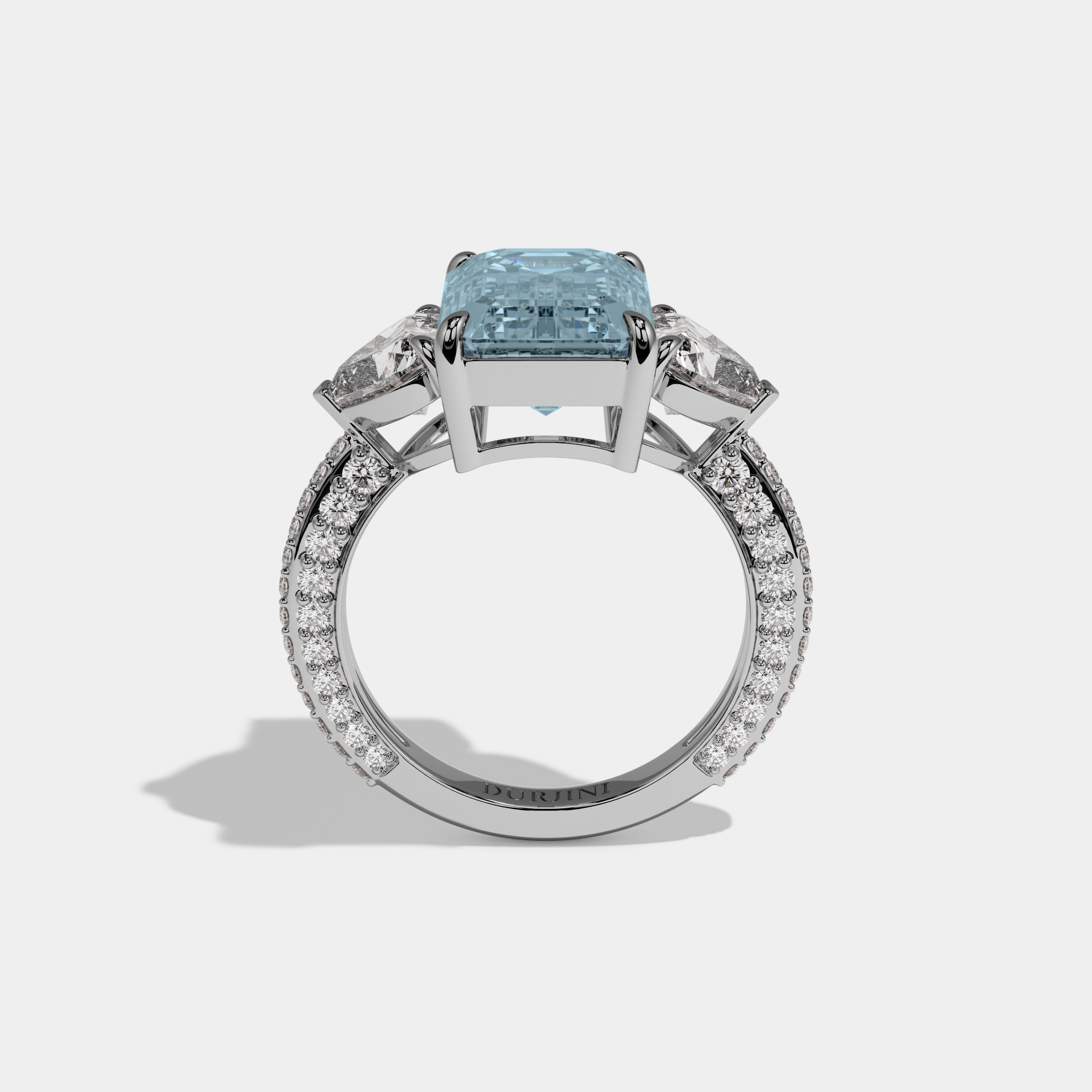 Charlotte Fancy Light Blue Emerald Cut Diamond Band With Heart Cut Sides Engagement Ring 8ct 18K White Gold