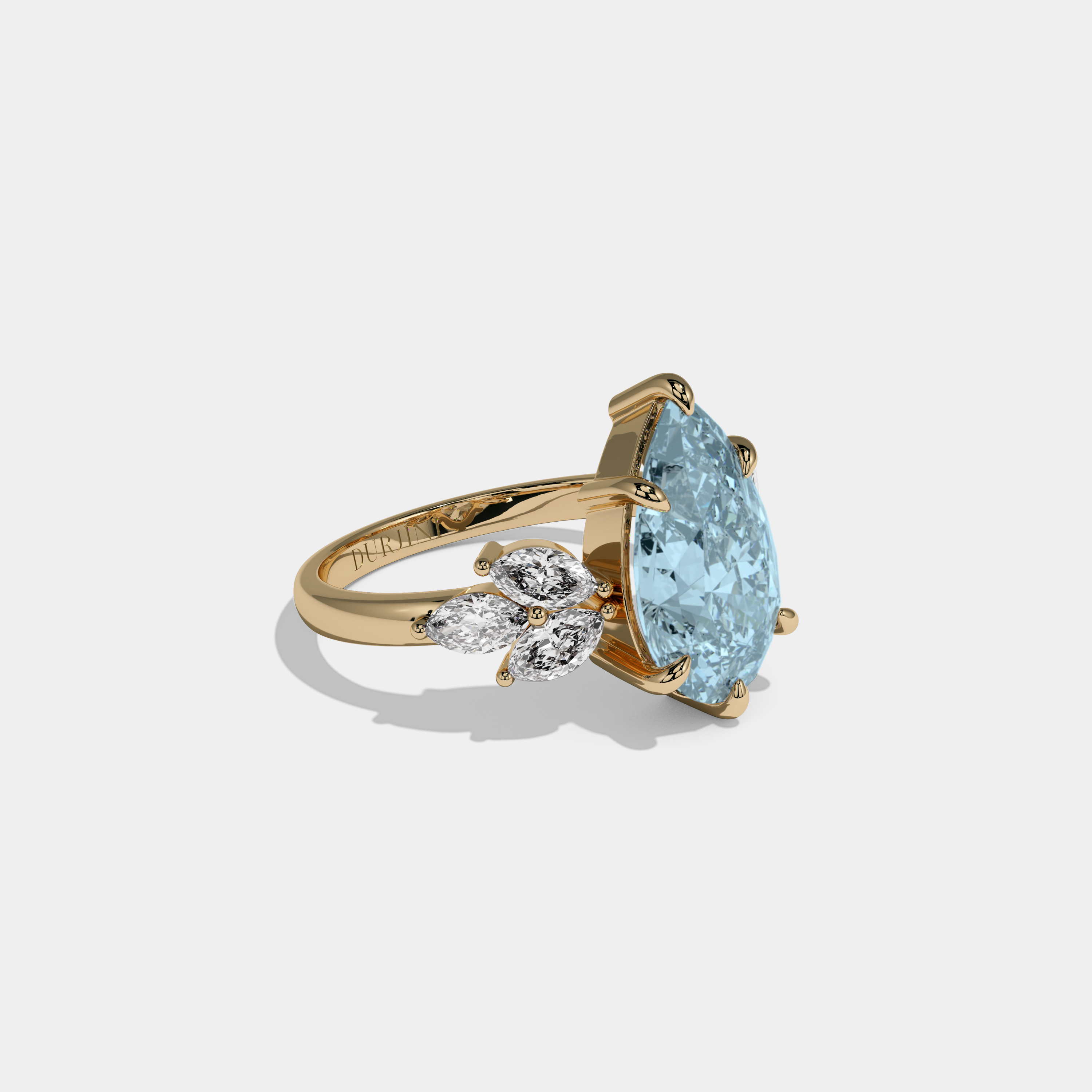 Anne Fancy Light Blue Pear Cut Diamond Plain Band With Marquise Cut Sides Engagement Ring 7ct 18K Yellow Gold
