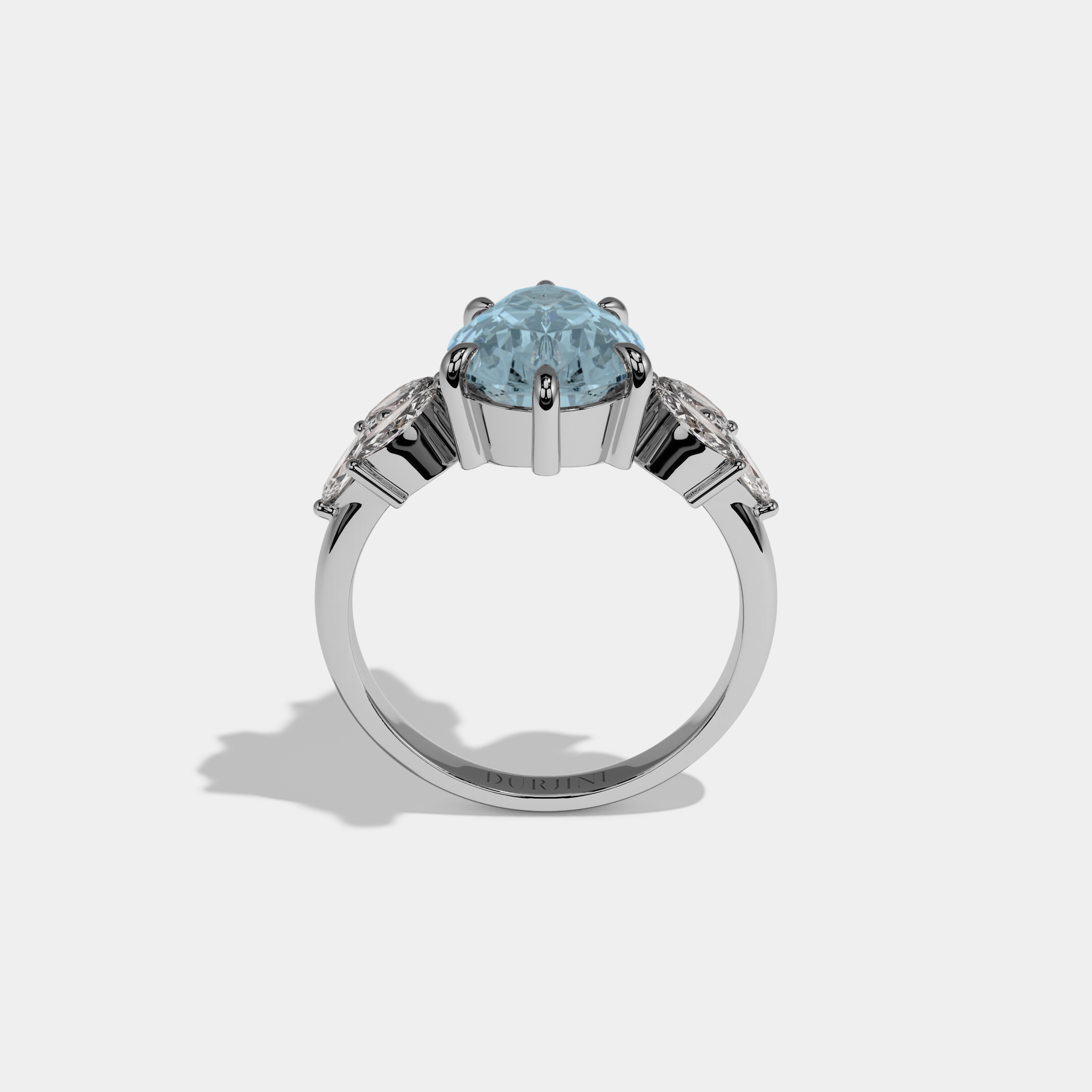 Mary Fancy Light Blue Pear Cut Diamond Plain Band With Marquise Cut Sides Engagement Ring 7ct 18K White Gold
