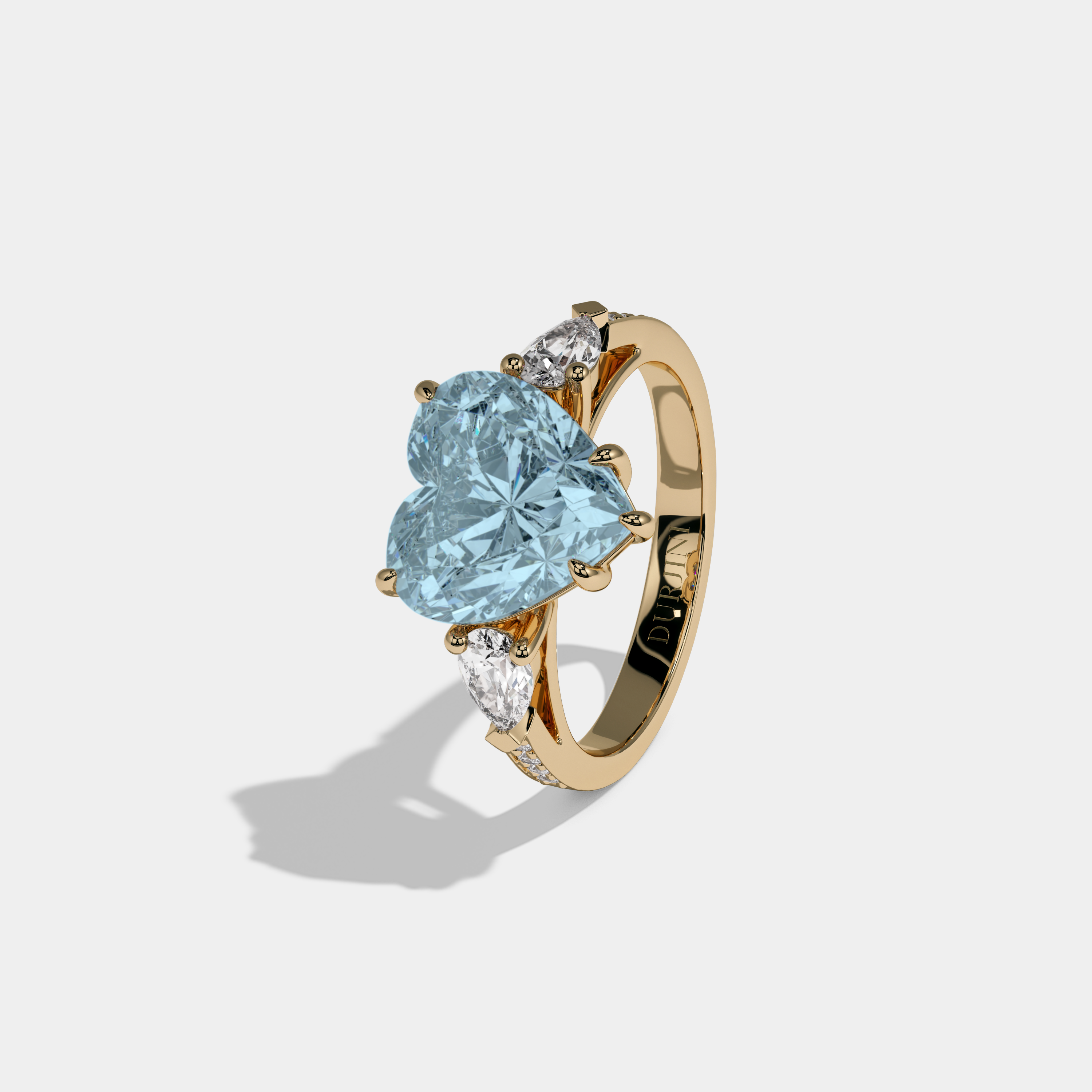 Caroline Fancy Light Blue Heart Brilliant Cut Diamond Band With Pear Sides Engagement Ring 7ct 18K Yellow Gold