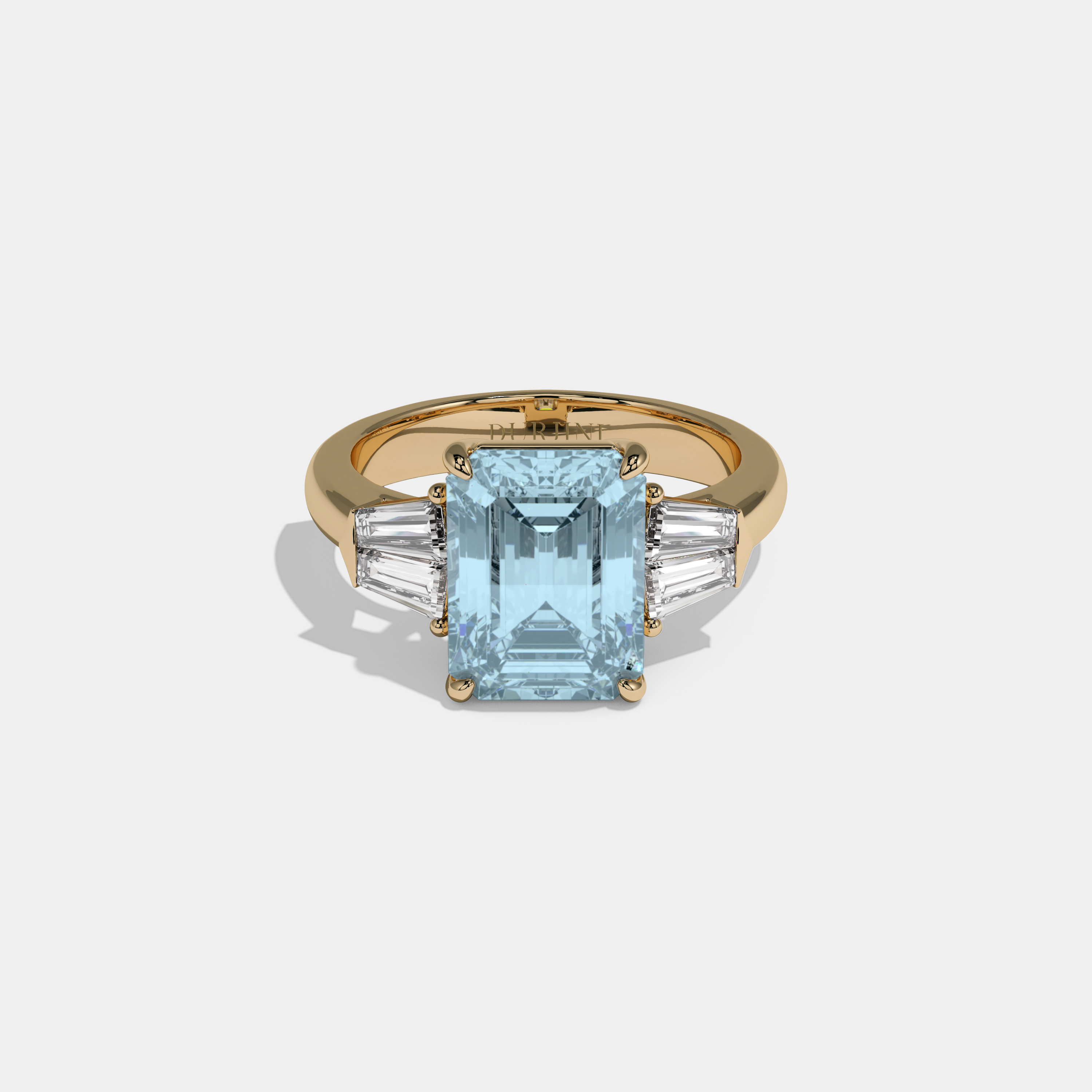Caroline Fancy Light Blue Emerald Cut Diamond Plain Band With Baguette Sides Engagement Ring 6ct 18K Yellow Gold