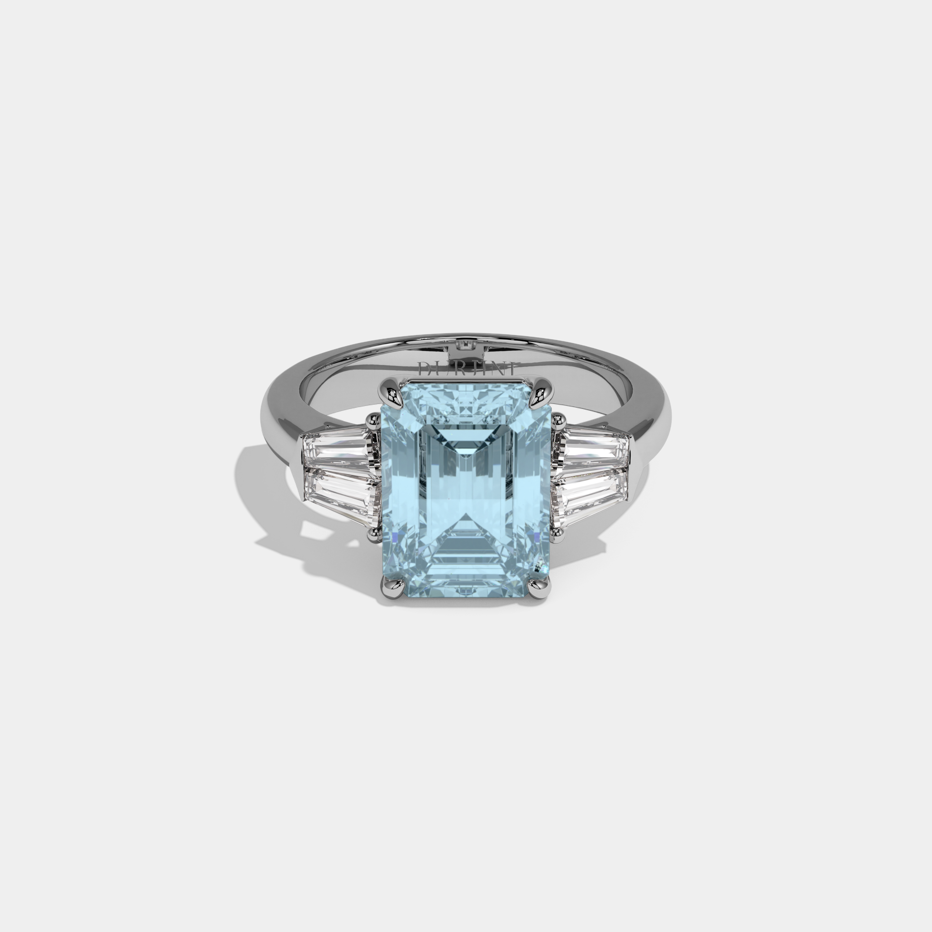 Margaret Fancy Light Blue Emerald Cut Diamond Plain Band With Baguette Sides Engagement Ring 6ct 18K White Gold