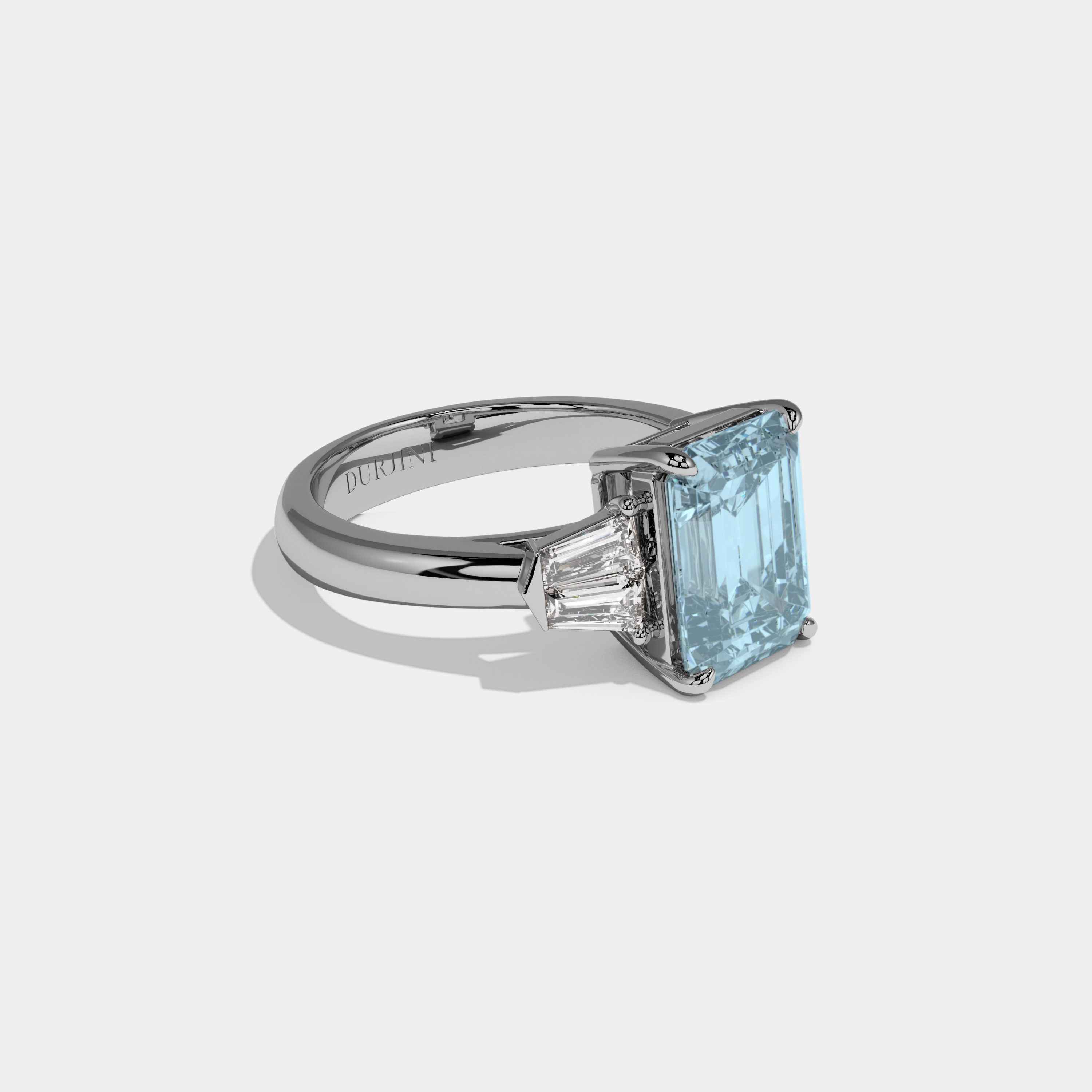 Margaret Fancy Light Blue Emerald Cut Diamond Plain Band With Baguette Sides Engagement Ring 6ct 18K White Gold