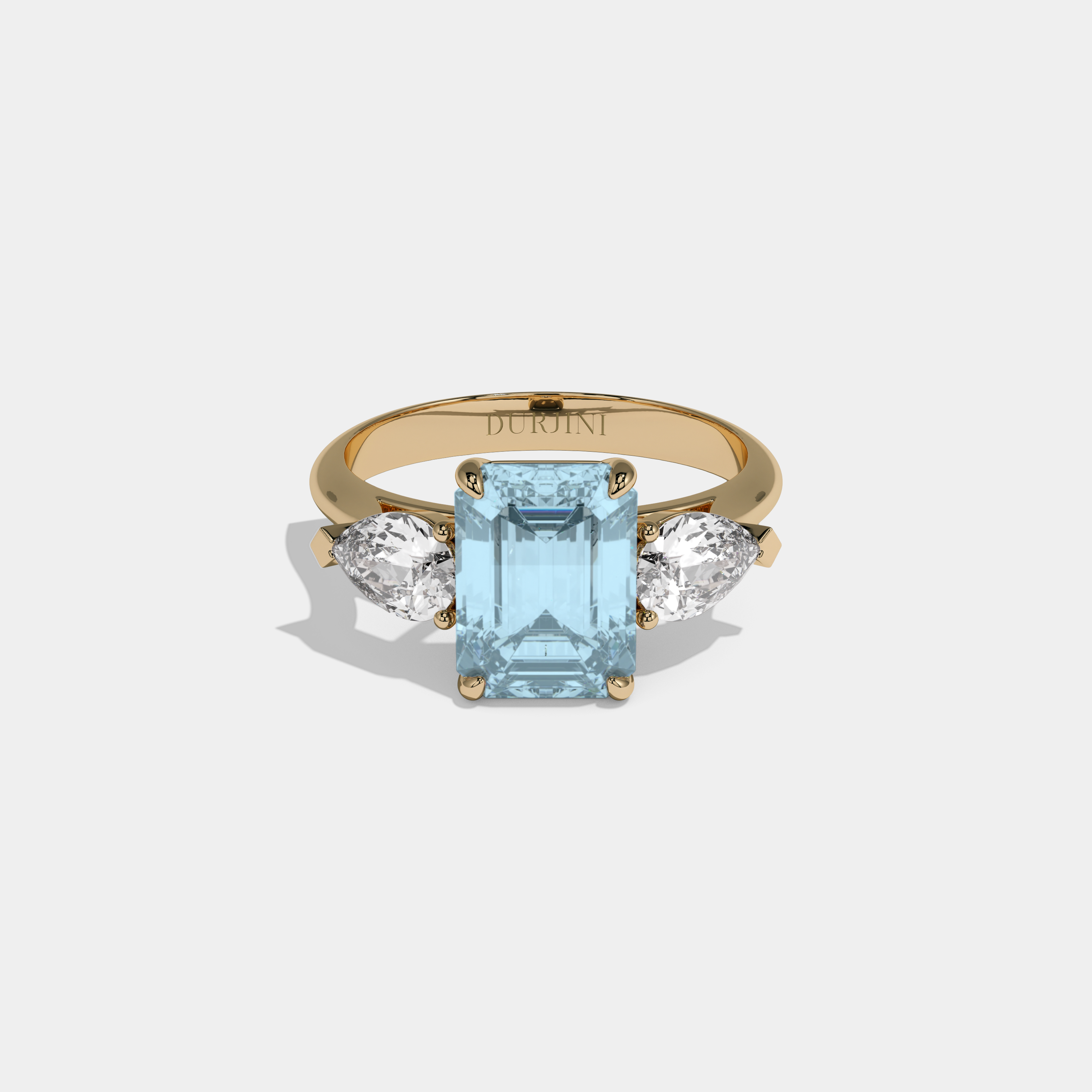 Millicent Fancy Light Blue Emerald Cut Diamond Plain Band With Pear Cut Sides Engagement Ring 6ct 18K Yellow Gold